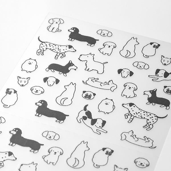 The "Talking Dog Pattern" is a design that is irresistible for dog lovers, featuring various dogs such as dachshunds and pugs. You can express the mood of the day with the unique expressions of the dogs.
A wide variety of sticker designs to use with your notebook
These peel-and-stick PET stickers will make your daily records more fun. Simply stick them freely on the margins of your notebook to create a gorgeous page. It can be divided into two parts up and down with perforations, so you can carry
