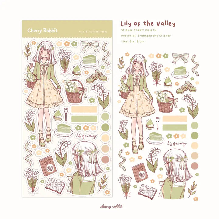 Clear transparent sticker sheet! Decorate your planner / diary with these lily of the valley themed stickers!
Kiss cut sticker sheet (stamp style)
1 sheet
Sheet size: 9 x 18 cm
Material: Clear PET