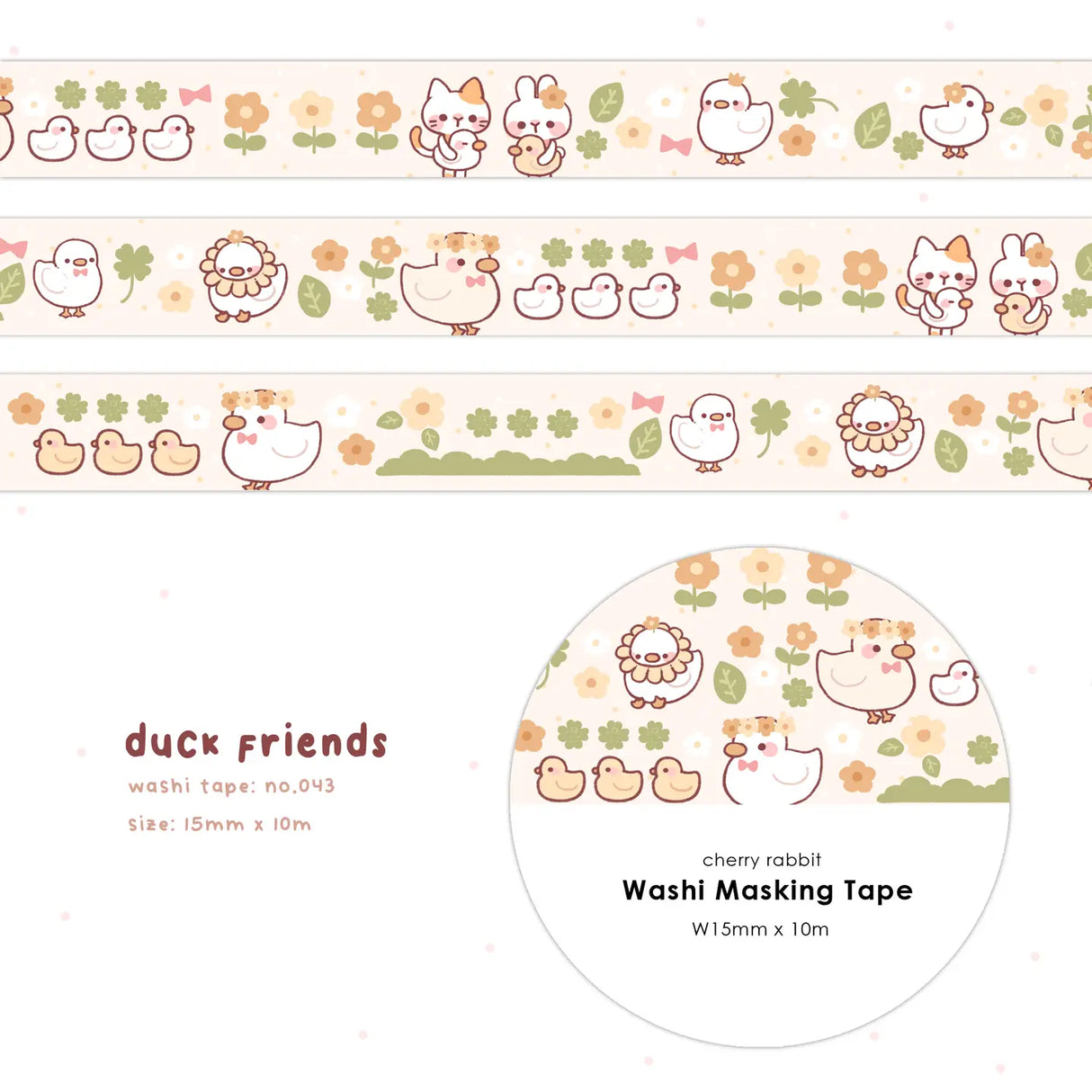 Cherry Rabbit Duck Friends Washi Tape
Decorate your planner / diary with this cute little washi tape ♡
Roll size: 15mm x 10m
Material: Washi
Includes 1 roll of washi