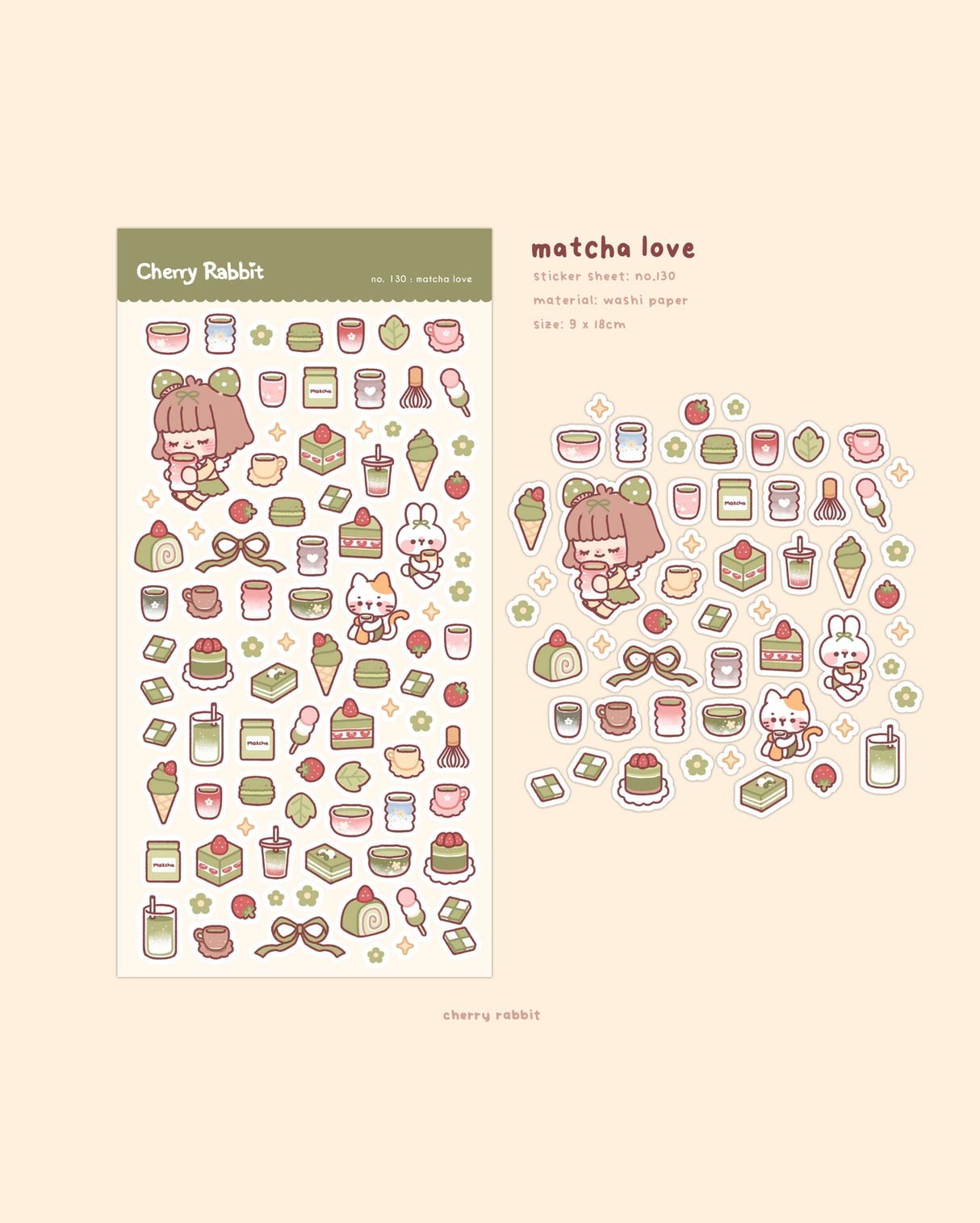 Decorate your planner / diary with these little stickers of matcha treats!
Kiss cut sticker sheet
1 sheet
Sheet size: 9 x 18 cm
Material: Washi sticker / Masking sticker