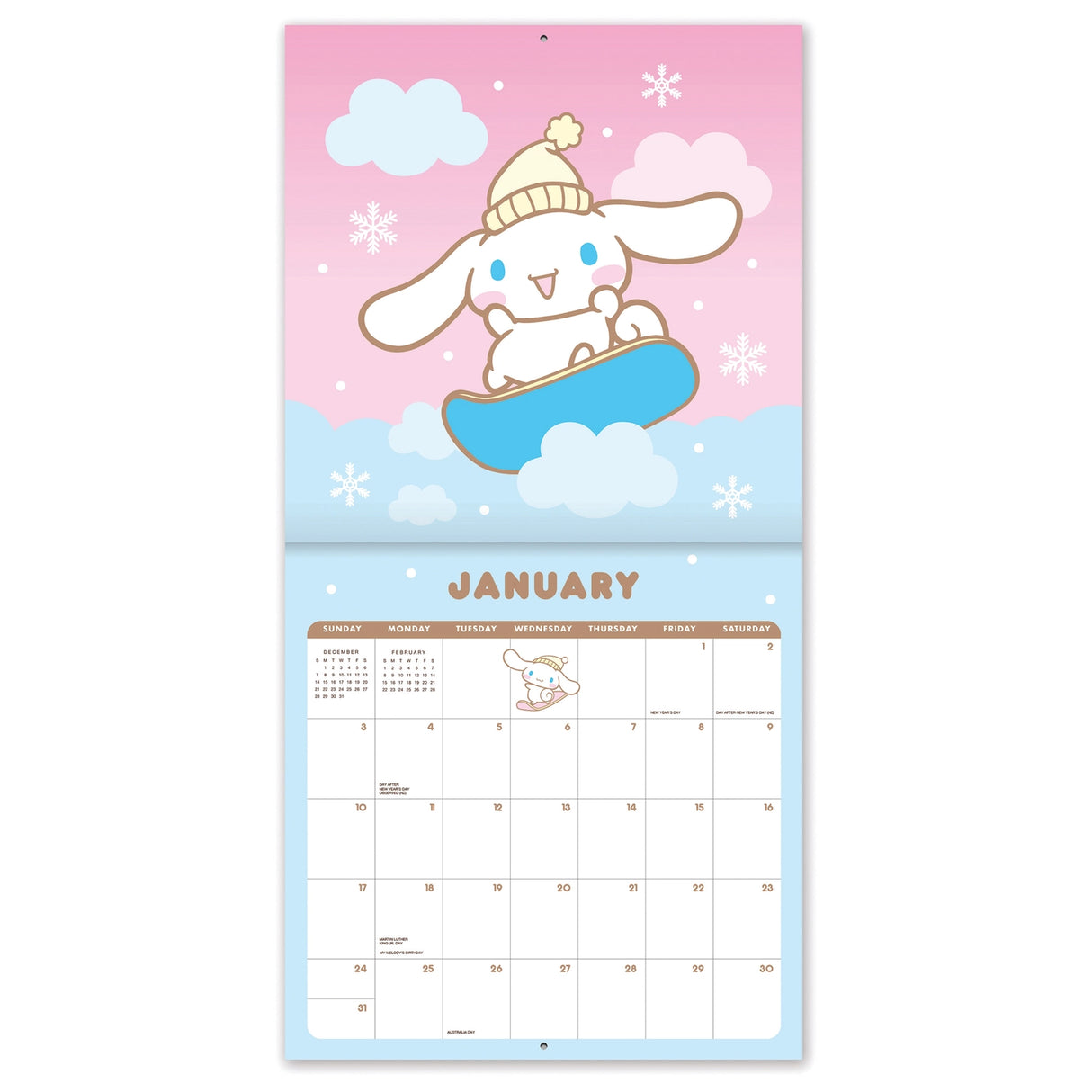 Make 2027 your best year yet with this classic 12" × 12" Cinnamoroll™ Wall Calendar (Jan.–Dec. 2027). Filled with adorable artwork, this 12-month calendar doubles as cheerful wall décor, brightening any space while helping you stay organized all year.
• 12"w x 12"h closed
• 12 months (Jan.–Dec. 2027) • 13 pages; 150 gsm acid-free, FSC®-certified paper
• Saddle-stitch binding
© 2026 SANRIO CO., LTD. Used Under License.