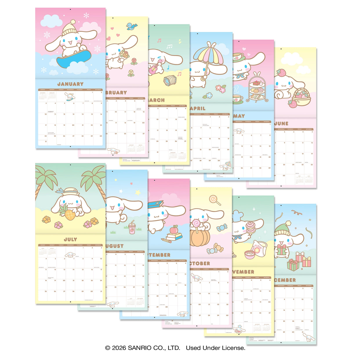 Make 2027 your best year yet with this classic 12" × 12" Cinnamoroll™ Wall Calendar (Jan.–Dec. 2027). Filled with adorable artwork, this 12-month calendar doubles as cheerful wall décor, brightening any space while helping you stay organized all year.
• 12"w x 12"h closed
• 12 months (Jan.–Dec. 2027) • 13 pages; 150 gsm acid-free, FSC®-certified paper
• Saddle-stitch binding
© 2026 SANRIO CO., LTD. Used Under License.