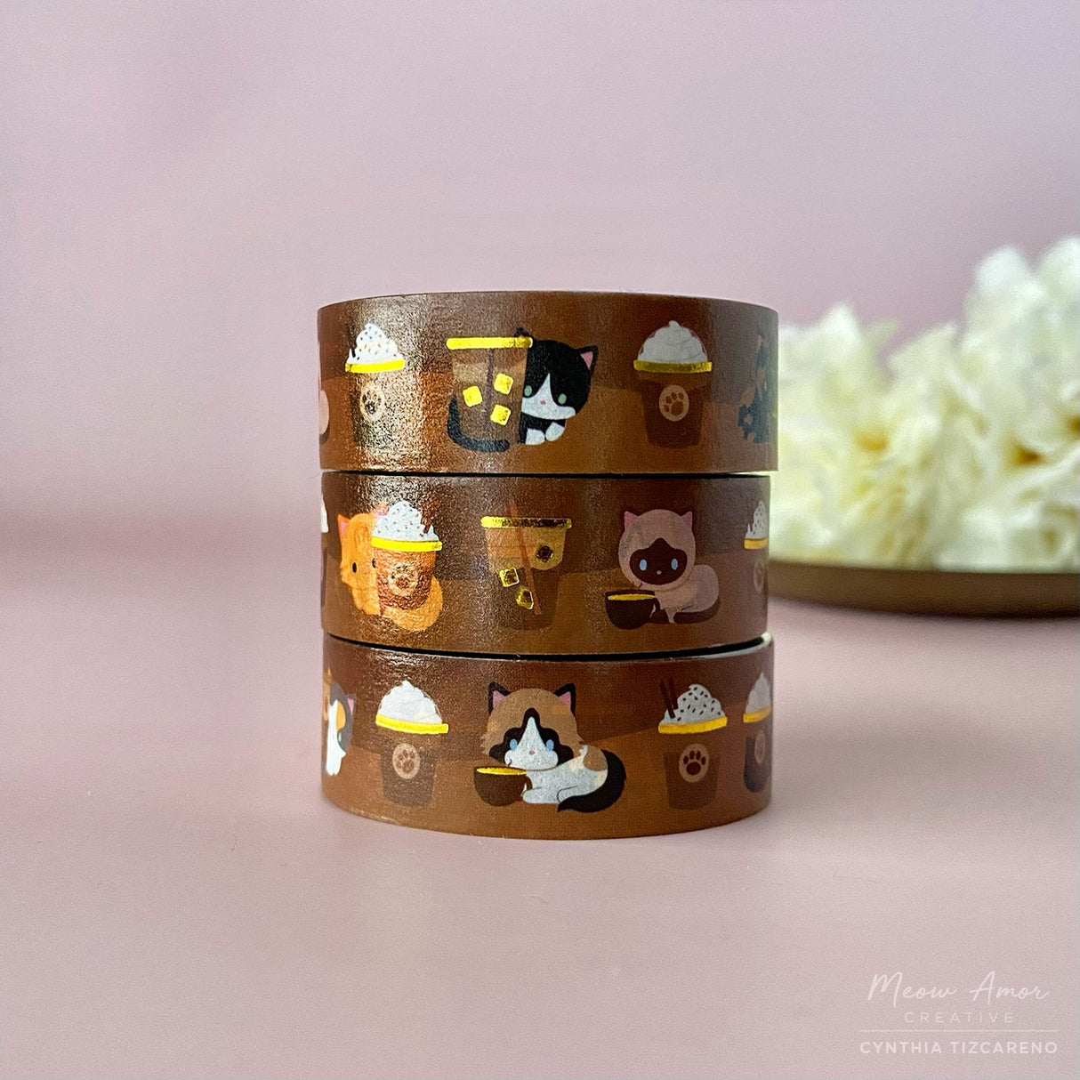 Cinta washi dorada con diseño de gatos y café