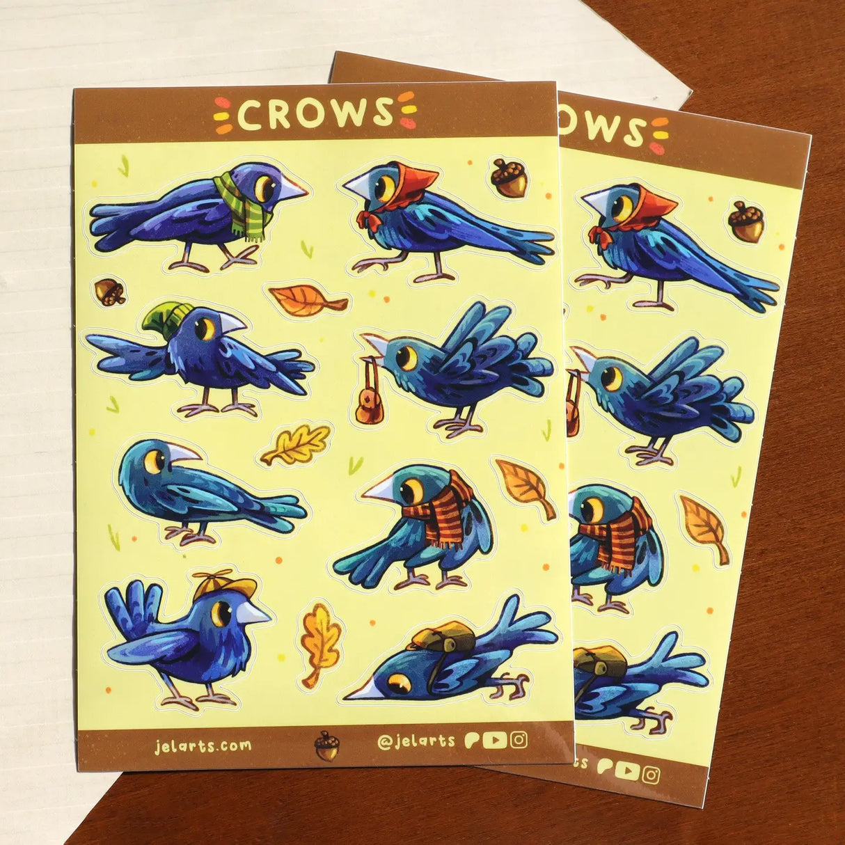 A bunch of crows with various accessories. Some backpacks, scarves and hats! 8 Total large stickers, and 6 smaller stickers.
Waterproof vinyl sticker sheet, 5"x7"
14 peelable stickers per sheet
Durable and high quality
Packaged in a clear plastic sleeve