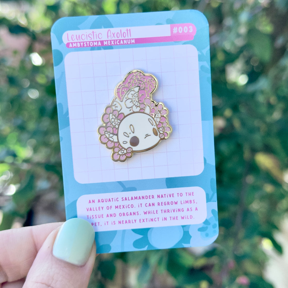 Lindo pin esmaltado de axolotl leusístico con decoración floral