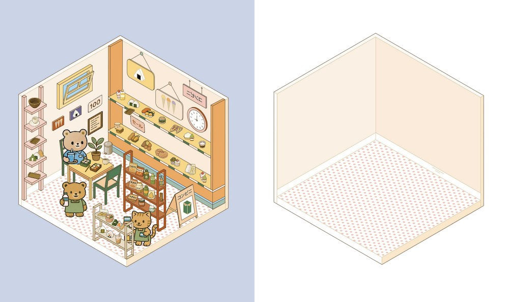 Create the coziest "konbini" convenience store imaginable, with six room sets and hundreds of stickers…
Welcome to a cozy world of absolute cuteness! Pick an empty space; furnish it, decorate it and fill it with furry little characters until it's a busy little convenience store. Then carry on until you've created your own unique keepsake: there are six to complete in this book!
