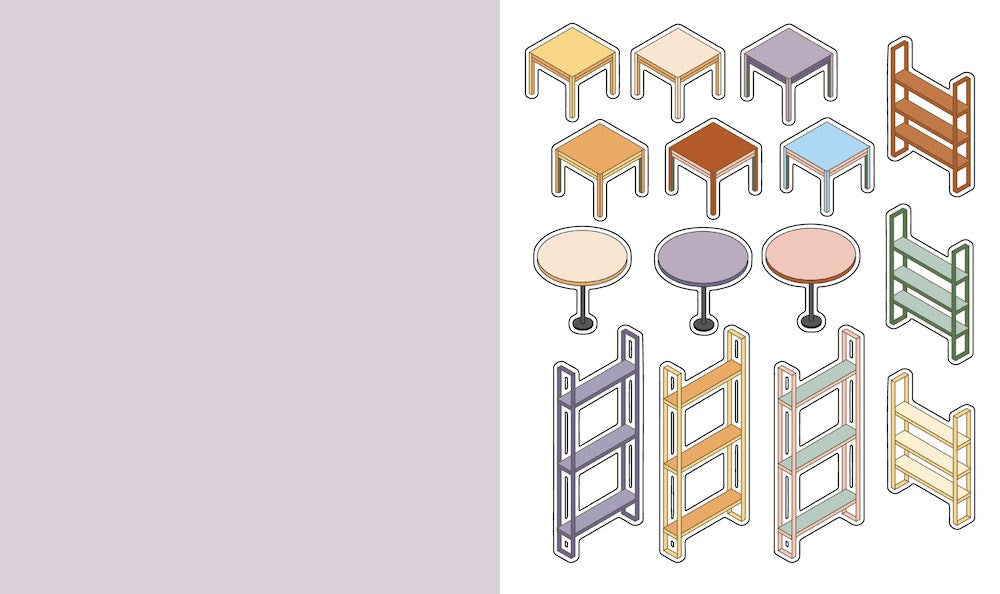 Create the coziest "konbini" convenience store imaginable, with six room sets and hundreds of stickers…
Welcome to a cozy world of absolute cuteness! Pick an empty space; furnish it, decorate it and fill it with furry little characters until it's a busy little convenience store. Then carry on until you've created your own unique keepsake: there are six to complete in this book!