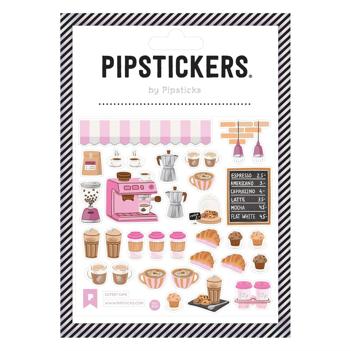 PipStickers are the PERFECT gift for the sticker lover in your life - even if it's you! These unique PVC designs with silver foil accents come on a clear backing and cannot be found anywhere else.
Includes one 4" x 4" sheet of Cutest Cafe PipStickers and includes the Pipsticks manifesto.