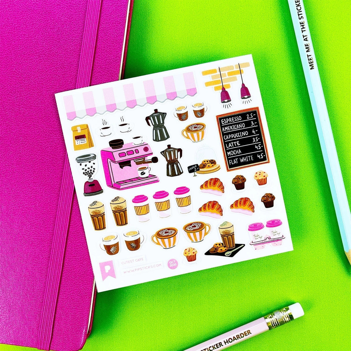 PipStickers are the PERFECT gift for the sticker lover in your life - even if it's you! These unique PVC designs with silver foil accents come on a clear backing and cannot be found anywhere else.
Includes one 4" x 4" sheet of Cutest Cafe PipStickers and includes the Pipsticks manifesto.