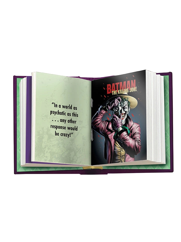 As one of Gotham City's most notorious criminal masterminds and Batman’s archenemy, The Joker has shared lots of cracks and quips throughout his comic history. Now readers can enjoy his twisted wisdom in this collectible tiny book.
Part of an exciting new series of miniature comic book titles, this book compiles all of The Joker’s cleverest quotes and wittiest banter along with classic artwork in an appealing mini package.