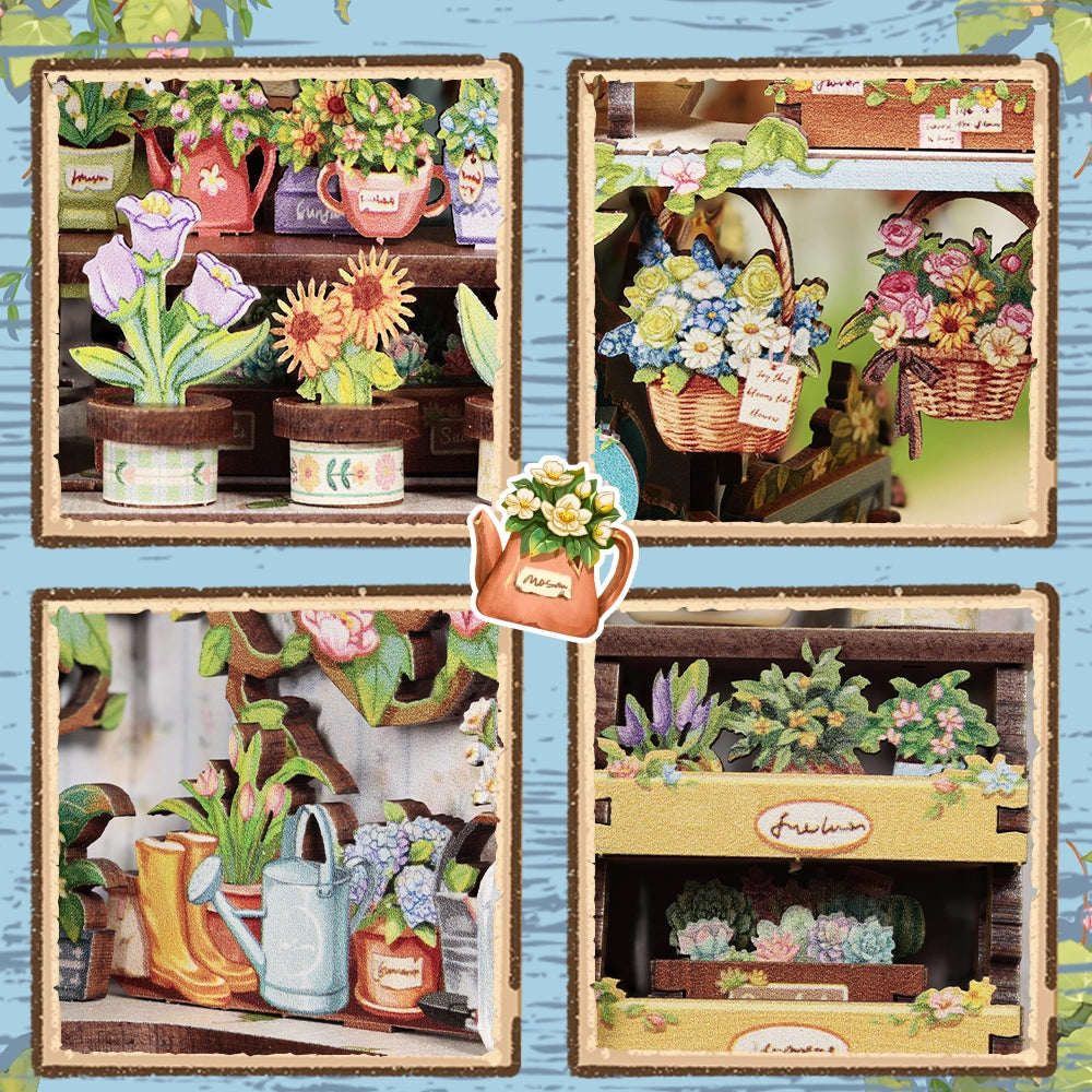 Step into the charm of a quaint flower shop with the Anna's Blue Blossom DIY Miniature Book Nook Kit. From the soft pastel storefront to the cheerful yellow door and overflowing baskets of vibrant blooms, every detail captures the essence of a dreamy neighborhood florist. Inside, shelves brim with blossoms, potted plants, and tiny gardening treasures, creating a warm and welcoming scene. The delicate floral canopy and cascading greenery add a fresh touch of life, making this kit feel like a stroll through a