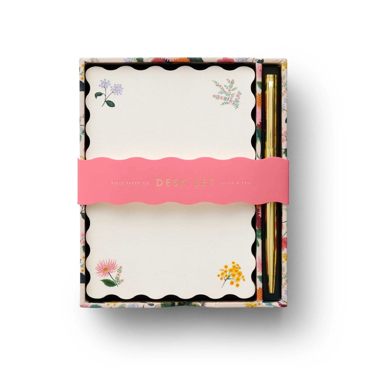 130 linen-textured sheets with metal gold accents and a gold pen with black ink in a reusable desk organizer.
Dimensions: 4.9 x 5.8 x 1 in (12.4 x 14.7 x 2.5 cm)