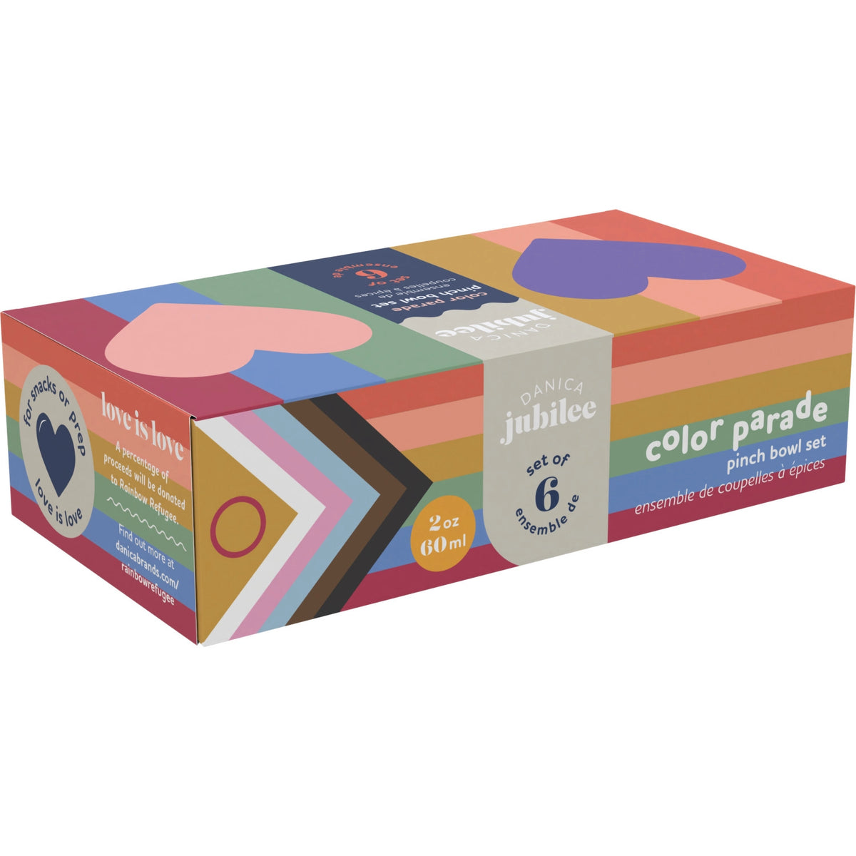 Celebrate Pride in style with this Color Parade pinch bowls set from the Love is Love collection. A percentage of proceeds will be donated to Rainbow Refugee. Danica Jubilee is proud to support Rainbow Refugee, an organization that promotes safe, equitable migration and communities of belonging for people fleeing persecution based on their sexual orientation, gender identity, gender expression, or HIV status.
