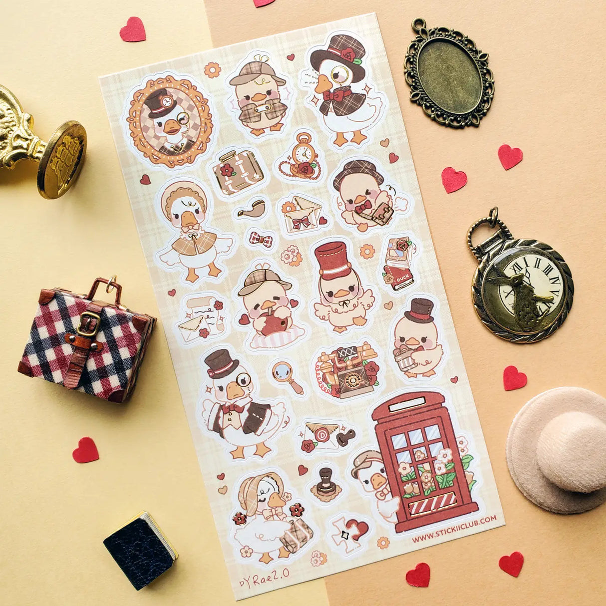 STICKII - Darling British Ducks Sticker Sheet
🎩 🦆 Ready for a quacking good time? Prepare to be charmed by this delightful flock of ducks, dressed to impress in impeccable British-inspired vintage outfits. From deerstalker hats to dapper capes, fancy top hats to adorable bow ties, these feathered friends will add a splash of British charm to any page they waddle onto.
Top Coating: Gold foil
Adhesive Layer: Paper
Backing Layer: Paper
6.69" x 3.54".
Weight - 0.03lbs.
1 sheet included 