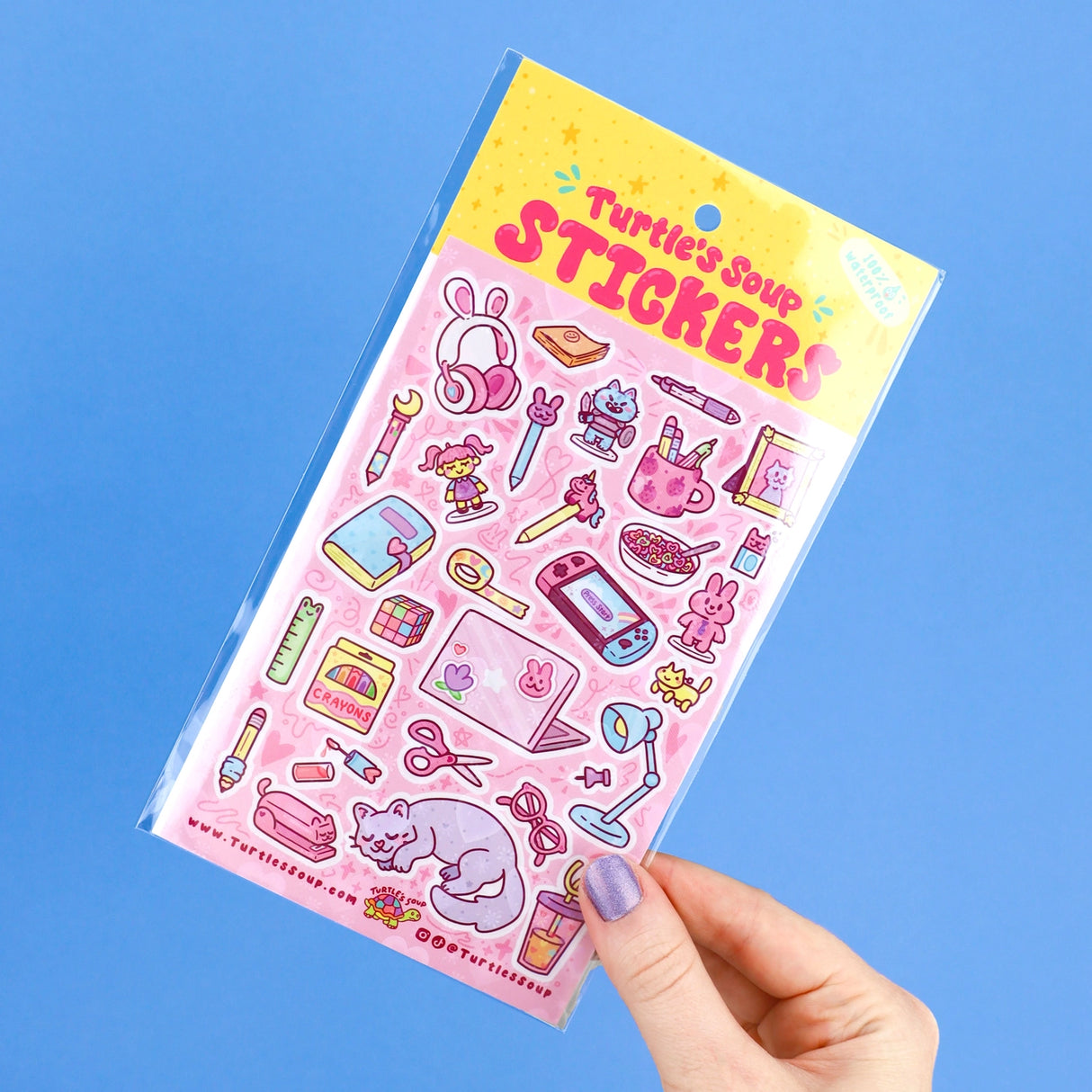 🐢 Our Kiss Cut Sticker Sheets are 4 inches by 6 inches and include one (1) sheet per package, with 10 to 20 individual waterproof, stickers on each.
🐢 Each sheet is enclosed in a sleeve with an art backing card and are retail-ready!
🐢 Stick them on water bottles, laptops, cars, coolers, helmets, skateboards, or just about any flat surface you can think of. 
