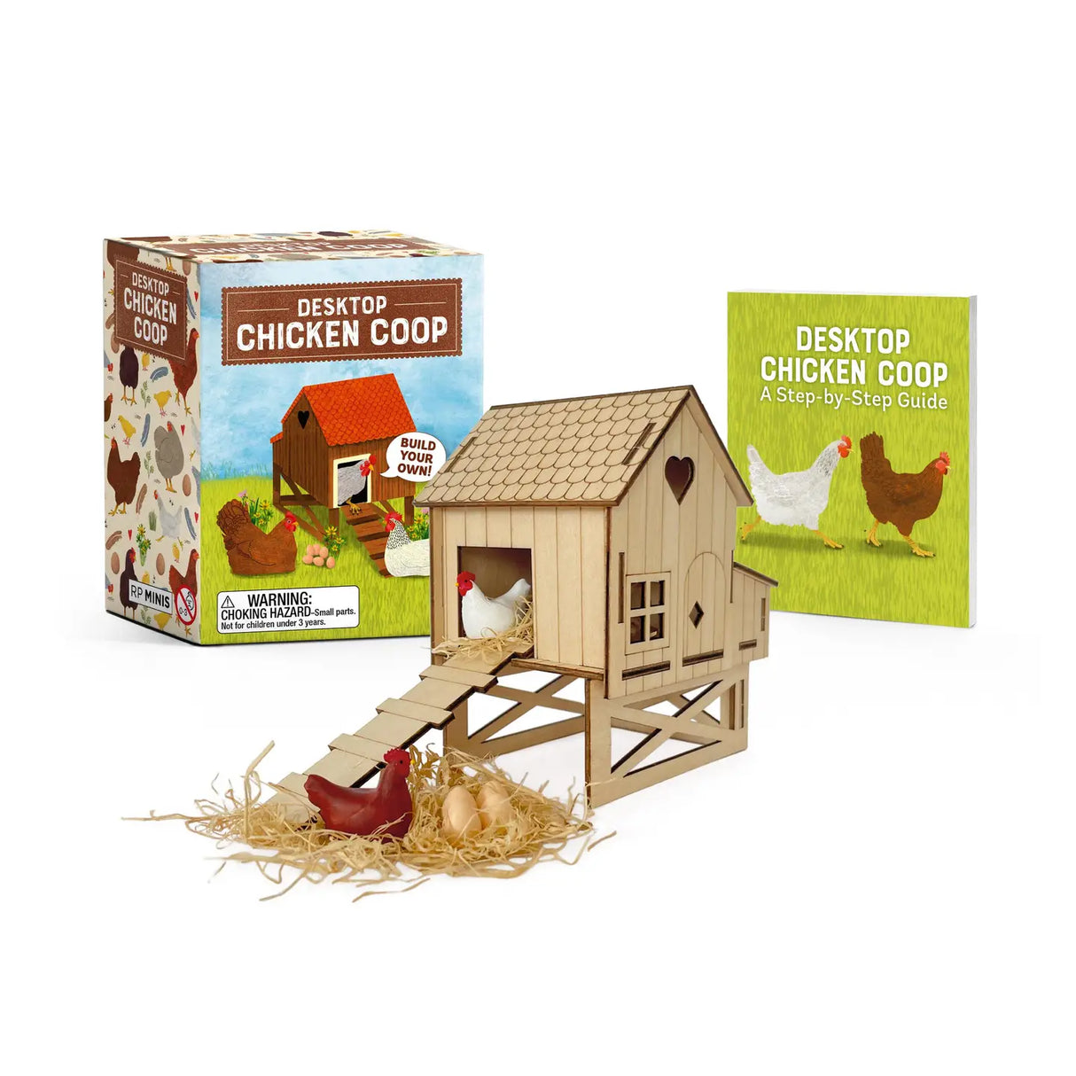 Now you can keep your own brood of chickens right at your desktop with this miniature build-your-own chicken coop.
Specifications: Includes 15 pieces of pre-cut wood to assemble into a 4-inch-tall chicken coop, complete with hay, 2 miniature chickens, and 4 eggs
Illustrated Mini Book: Includes a 48-page mini book (2-1/2 x 3 inches) with essential information and chicken coop basics
A Unique Gift: The perfect gift item for people who have backyard chickens (or those who would like to but don't have a backy