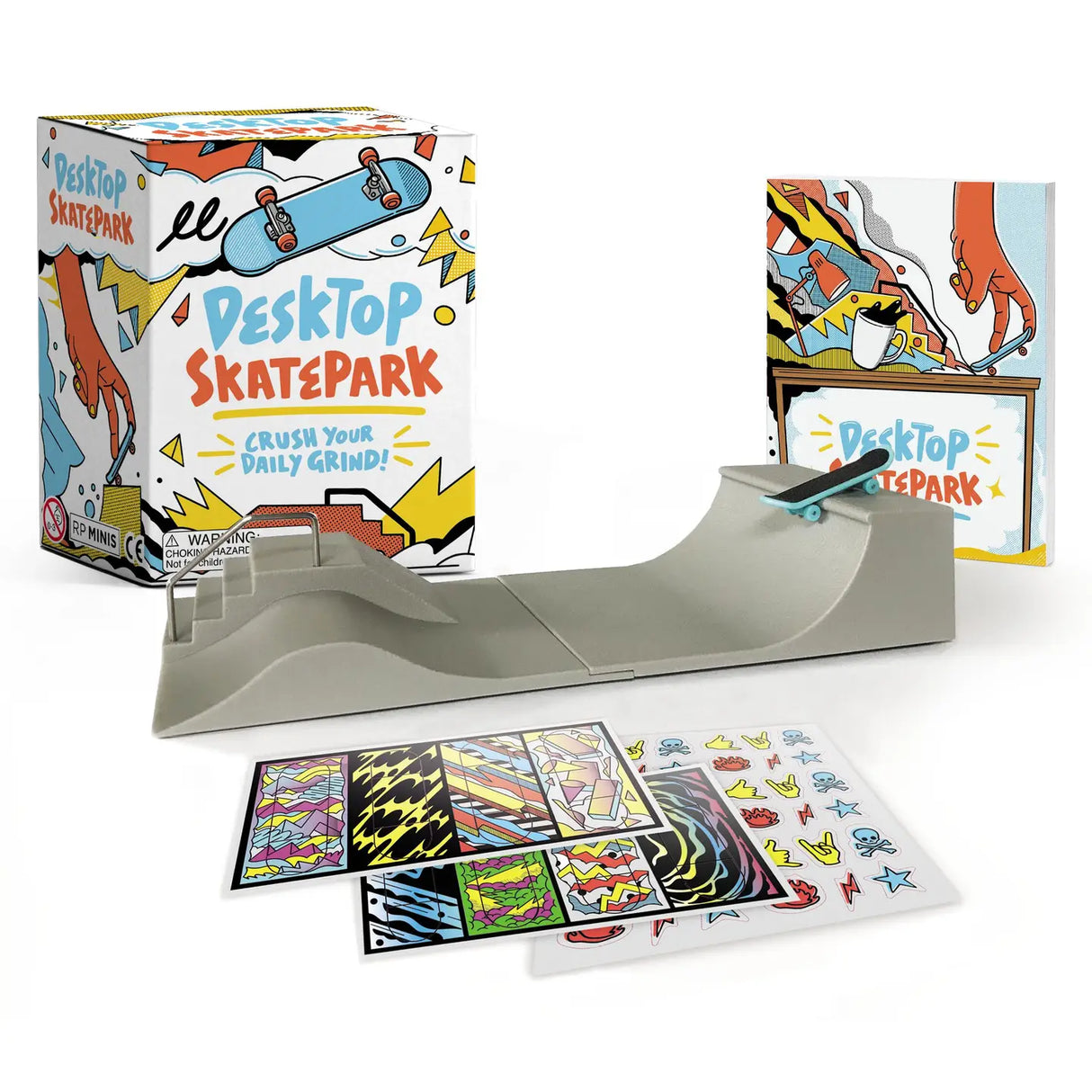 Desktop Skatepark has everything you need to assemble a miniature skatepark and do some fingerboarding right at your desk!
MINI SKATEBOARD Includes:
1-1/2 inch mini skateboard with movable wheels
ONE-OF-A-KIND MINI SKATEPARK PIECES: A mini quarterpipe and funbox--includes a bank ramp, stair set, grind rail, and wave ramp
CUSTOMIZABLE: Incudes 2 sheets of full-color stickers to deck out your board
BOOK INCLUDED: Instructional mini book on fingerboarding, accompanied by full-color illustrations