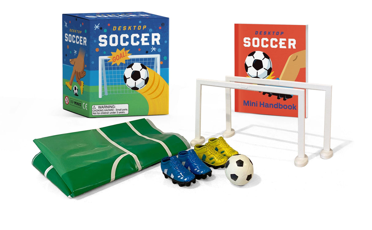 Desktop Soccer Mini Edition
Goooal!
Now you can bring all of the fun and excitement of the soccer pitch to your desktop with this miniature set that you play with your fingers! ·
Everything you need to play: Includes soccer "pitch" mat, 2 goals, 2 pairs of soccer cleats for your fingers, 1 mini soccer ball
Book included: With a brief history and rules of the sport, profiles of famous players, trivia, and more in this 32-page fully illustrated miniature book
Unique gift: Perfect for soccer lovers of all a