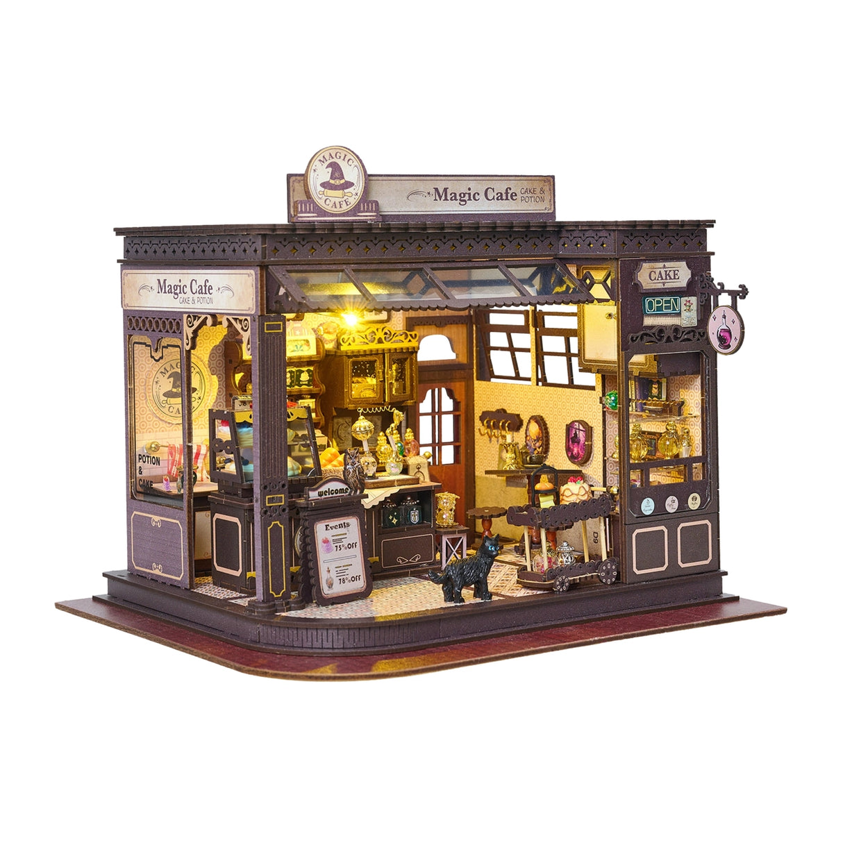 Step into a whimsical world of sugar, spells, and stardust with the Magic Café DIY Miniature House Kit. This enchanting build-it-yourself café brings to life a cozy little corner where witches, wizards, and woodland creatures gather for enchanted brews and magically infused pastries. Watch as tiny shelves fill with jars of mysterious ingredients, and the glass display case glows with cakes that sparkle with edible enchantments.
2 AAA batteries required; batteries are not included.
Ages 14+ 380 pieces
Assem