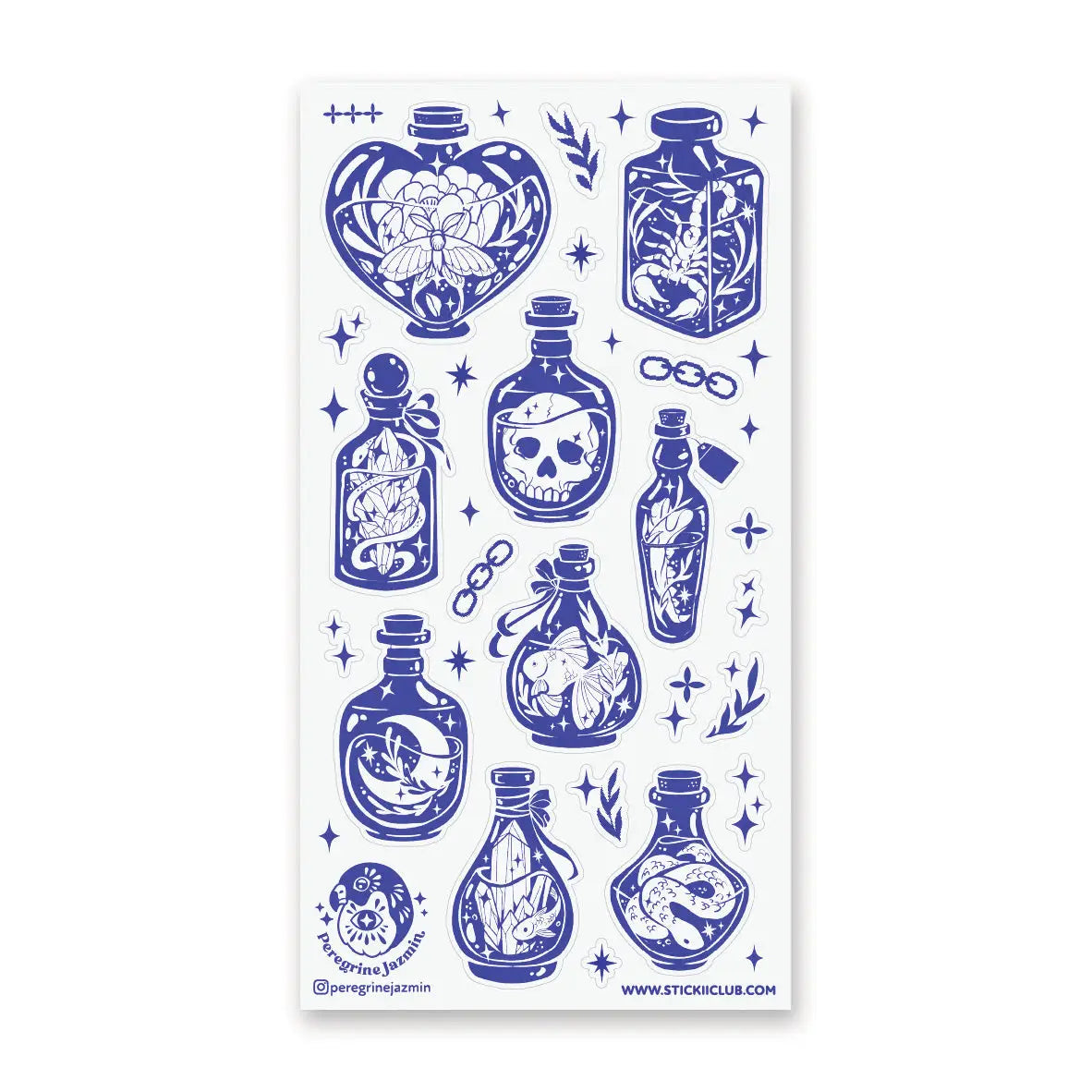 🔮🌿 Bottle up the magic with @peregrinejazmin’s mesmerizing collection of midnight-blue treasures! Filled with delicate florals, shimmering stars, crystal charms, and mysterious little creatures, each bottle feels like a curious charm bottled up under starlight. This sheet is perfect for adding a splash of potion-shop magic to any page.
Art by: @peregrinejazmin