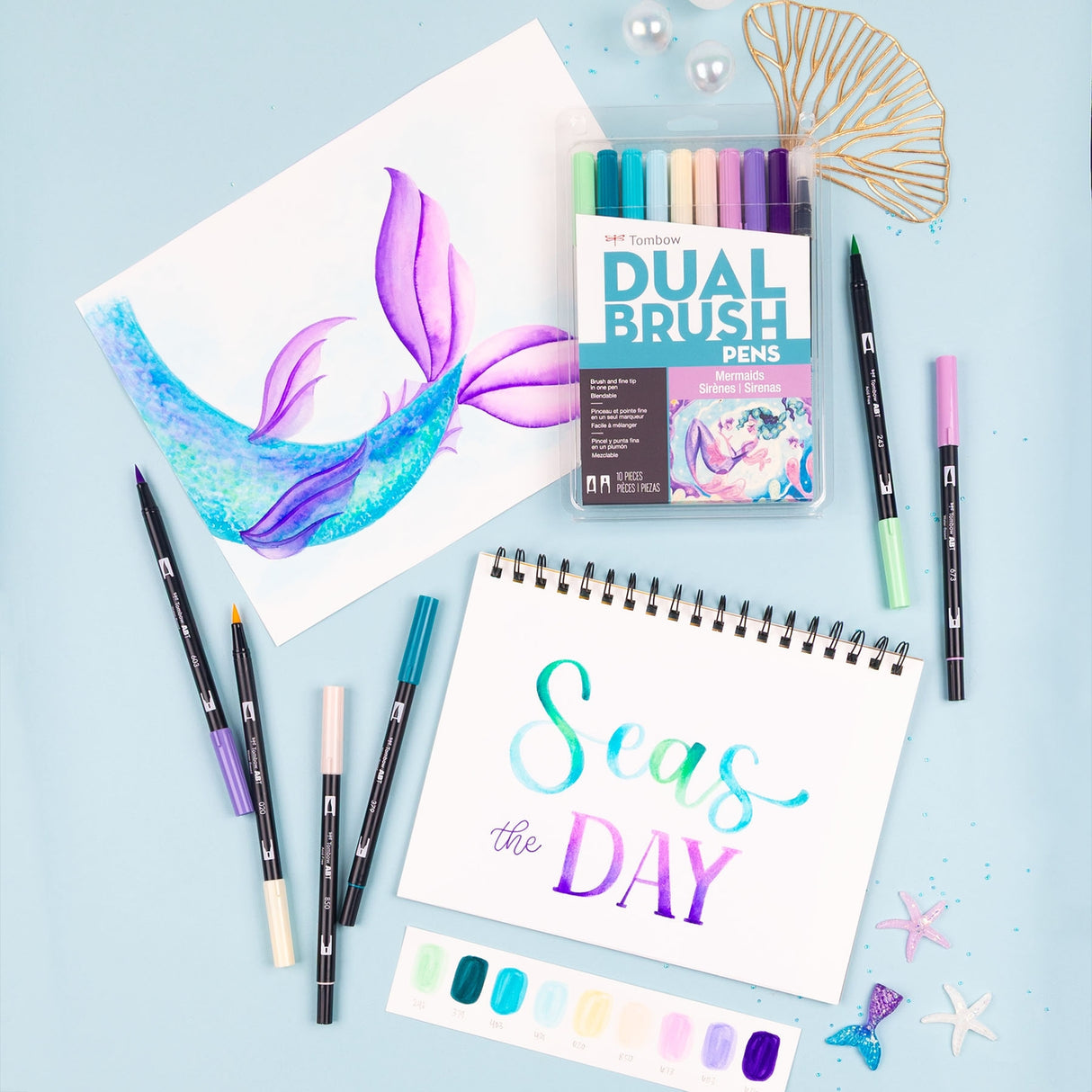 Tombow Dual Brush Pen Art Markers, Mermaids, 10-Pack