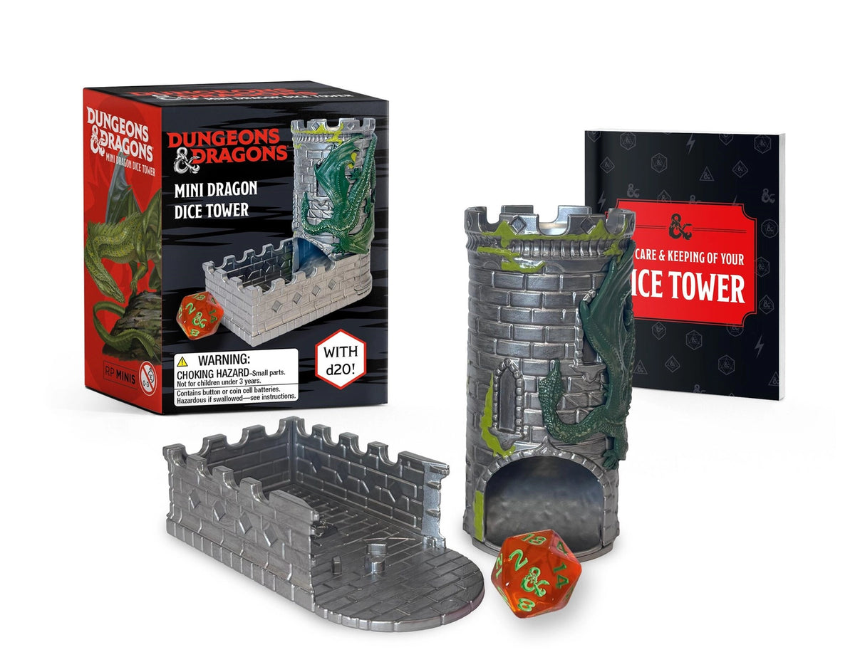 Keep your good dice rolls coming with this official miniature D&D Dragon Dice Tower.
Light-Up Dice Tower: Includes a 3-1/2 inch tall dice tower with a molded green dragon wrapped around the tower, and red LED light feature
With a special Branded D20: A translucent d20 is branded with the D&D for the 20
Illustrated Mini Book Included: With tips and advice on how to use the dice tower and appease your mini dragon
Includes 3 button cell batteries.
Perfect Gift for D&D Fans: Display on a shelf, de