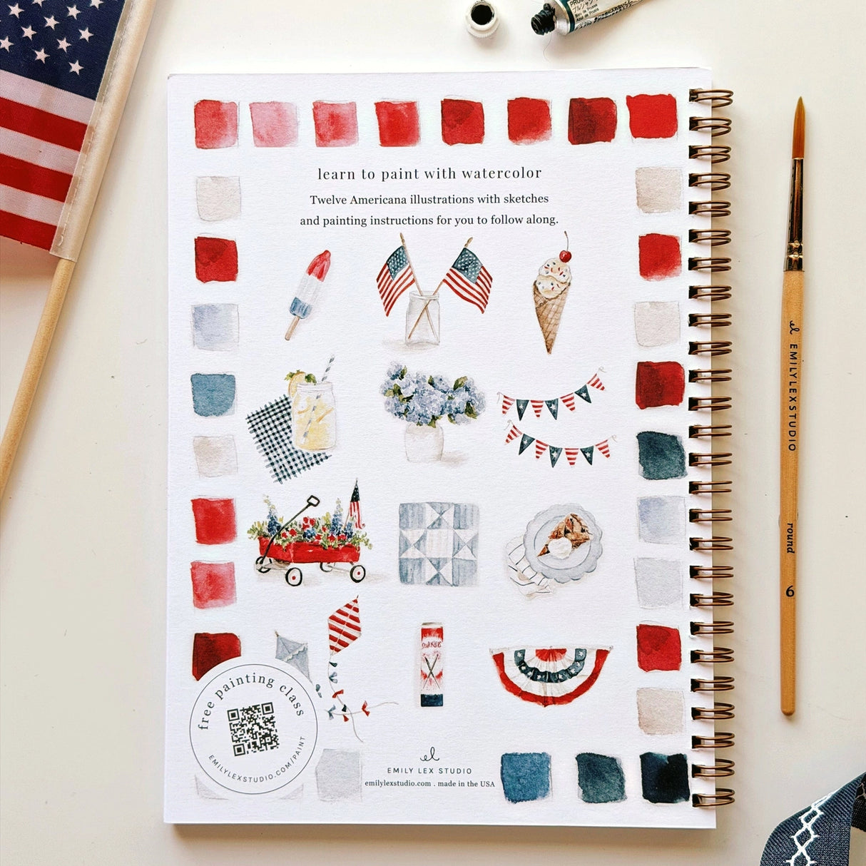 Twelve illustrations of flags, stars, and classic summer scenes — each pre-outlined with step-by-step instructions. Paintings take about thirty minutes from start to finish, making it approachable for first-time painters and a favorite for gifting.
A timely release for America's 250th anniversary in 2026. A strong May–July seller and a natural fit for home, gift, and patriotic-themed boutiques.
12 beginner-friendly illustrations
Thick 120lb watercolor paper
Lay-flat pages with spiral binding for has