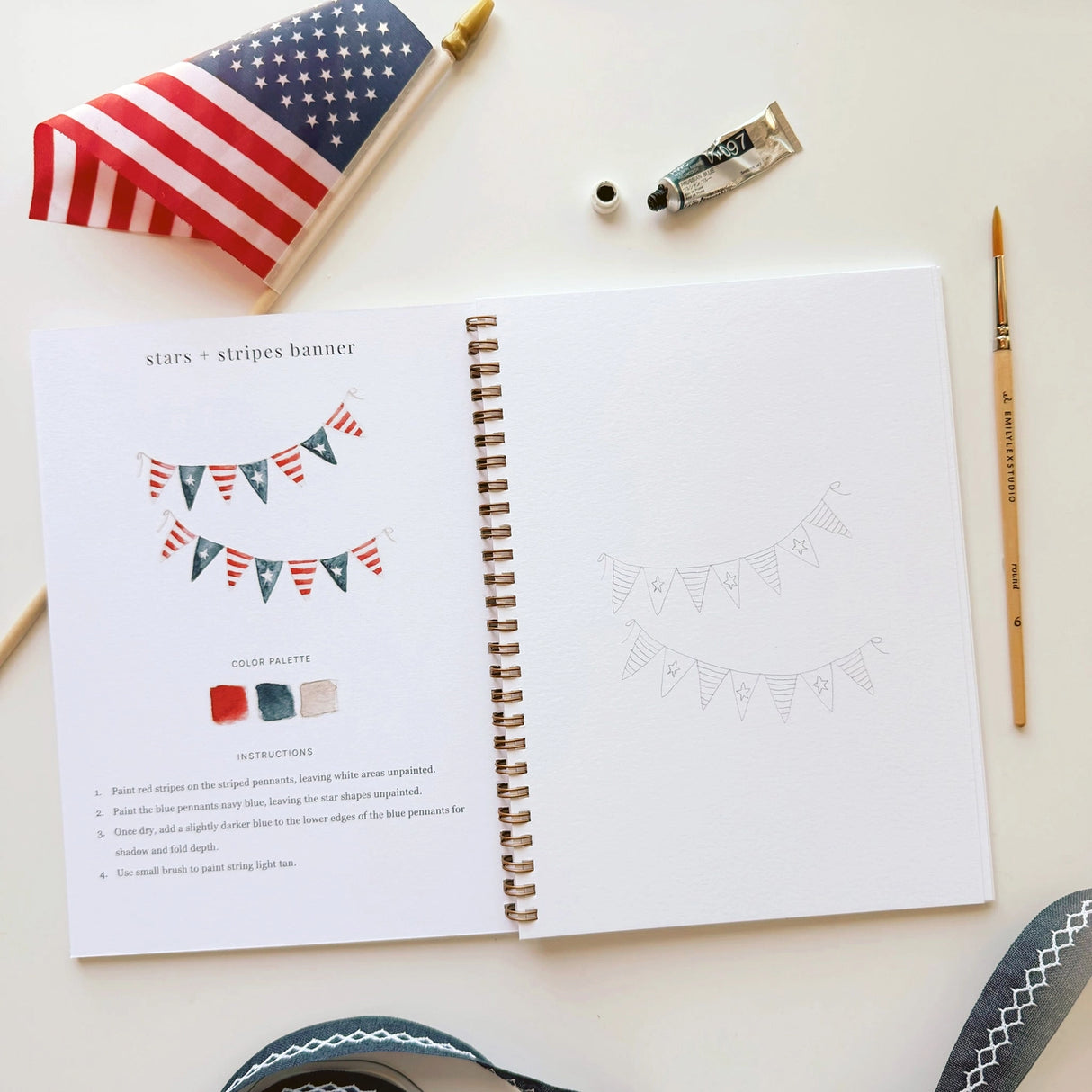 Twelve illustrations of flags, stars, and classic summer scenes — each pre-outlined with step-by-step instructions. Paintings take about thirty minutes from start to finish, making it approachable for first-time painters and a favorite for gifting.
A timely release for America's 250th anniversary in 2026. A strong May–July seller and a natural fit for home, gift, and patriotic-themed boutiques.
12 beginner-friendly illustrations
Thick 120lb watercolor paper
Lay-flat pages with spiral binding for has