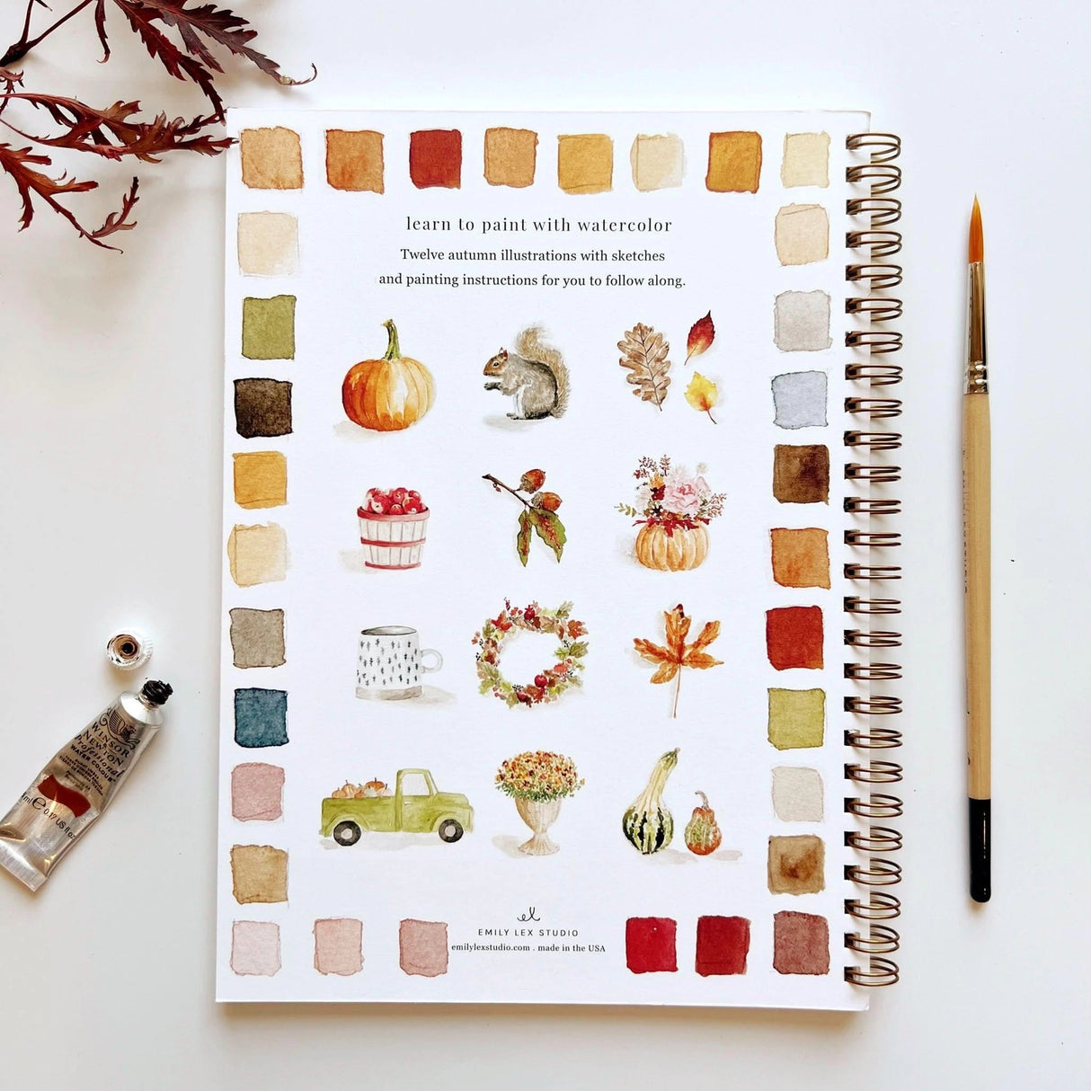 Twelve autumn illustrations — a pumpkin, squirrel, fall leaves, vintage truck, mum bouquet, fall wreath, and more — each pre-outlined with step-by-step instructions. Paintings take about thirty minutes from start to finish, making it approachable for first-time painters and a favorite for gifting.
12 beginner-friendly illustrations
Thick 120lb watercolor paper
Lay-flat pages with spiral binding for hassle-free painting and easy tear-out
Lightly outlined sketches to guide you
Easy to carry