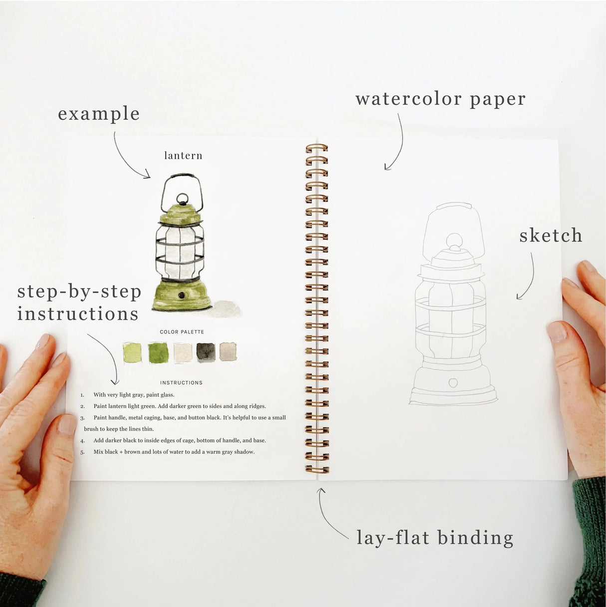 Twelve camping illustrations — a vintage camper, lantern, campfire, tent, canoe, s'mores, and more — each pre-outlined with step-by-step instructions. Paintings take about thirty minutes from start to finish, making it approachable for first-time painters and a favorite for gifting.