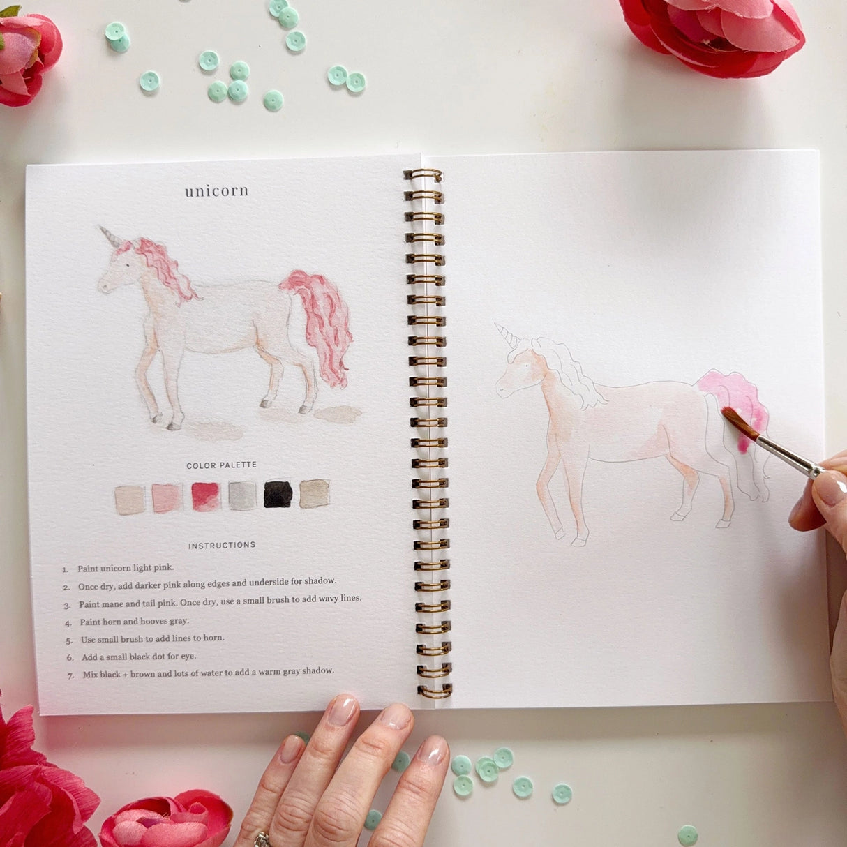Twelve storybook illustrations — a princess, castle, dragon, mermaid, fairy, unicorn, and more — each pre-outlined with step-by-step instructions. Paintings take about thirty minutes from start to finish, making it a favorite for young painters and the grown-ups who paint alongside them.
12 beginner-friendly illustrations
Thick 120lb watercolor paper
Lay-flat pages with spiral binding for hassle-free painting and easy tear-out
Lightly outlined sketches to guide you
Easy to carry, travel-r