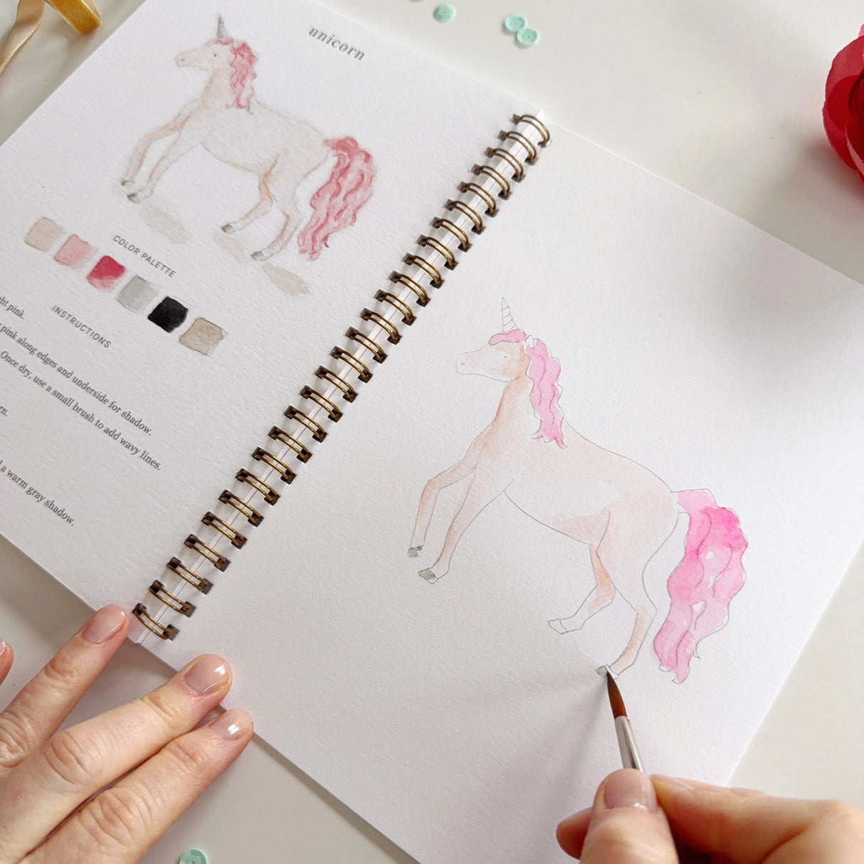 Twelve storybook illustrations — a princess, castle, dragon, mermaid, fairy, unicorn, and more — each pre-outlined with step-by-step instructions. Paintings take about thirty minutes from start to finish, making it a favorite for young painters and the grown-ups who paint alongside them.
12 beginner-friendly illustrations
Thick 120lb watercolor paper
Lay-flat pages with spiral binding for hassle-free painting and easy tear-out
Lightly outlined sketches to guide you
Easy to carry, travel-r