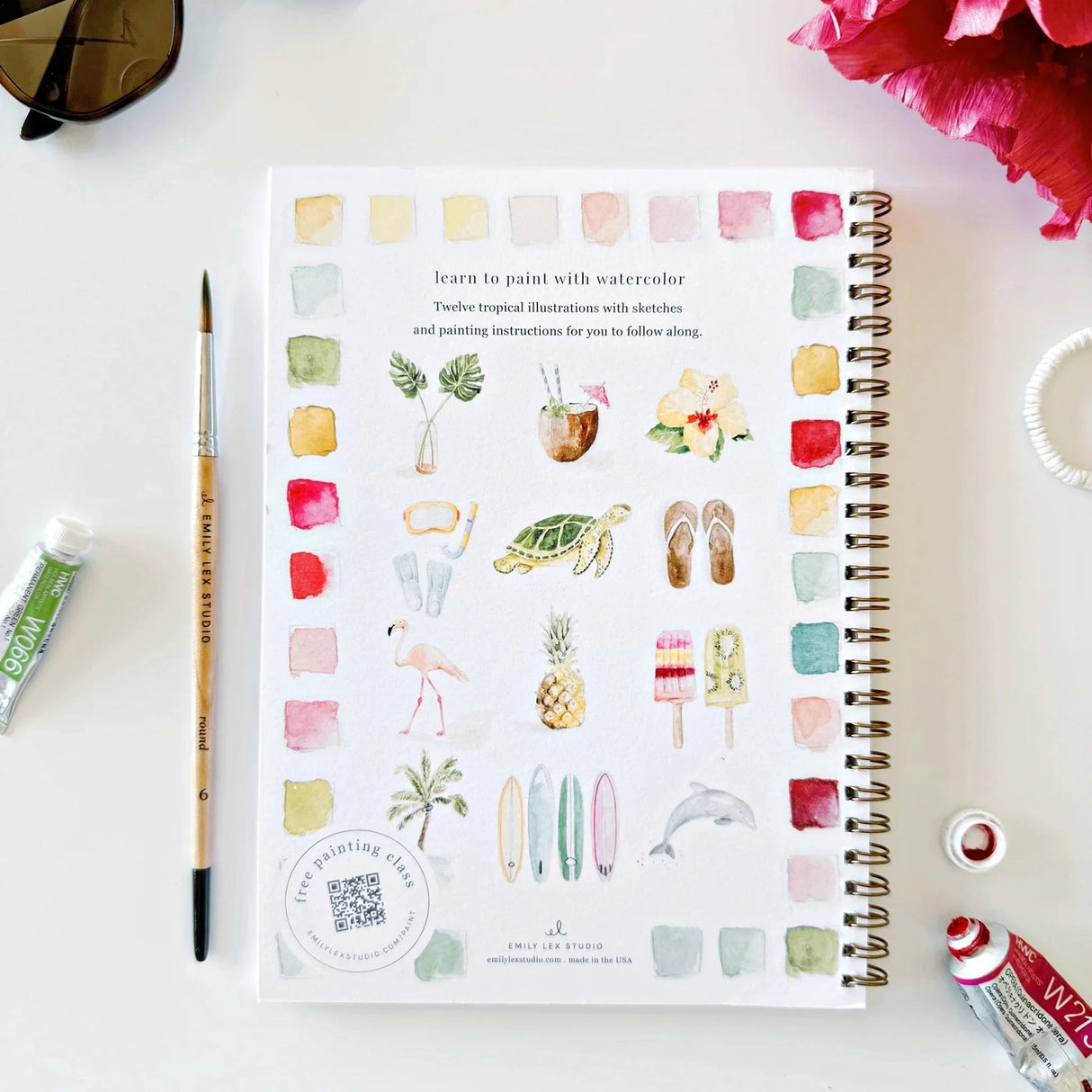Emily Lex Studio Watercolor Workbook - Tropical
Twelve tropical illustrations — a palm tree, hibiscus, sea turtle, flamingo, pineapple, surfboards, and more — each pre-outlined with step-by-step instructions. Paintings take about thirty minutes from start to finish, making it approachable for first-time painters and a favorite for gifting.
12 beginner-friendly illustrations
Thick 120lb watercolor paper
Lay-flat pages with spiral binding for hassle-free painting and easy tear-out
Lightly outlin