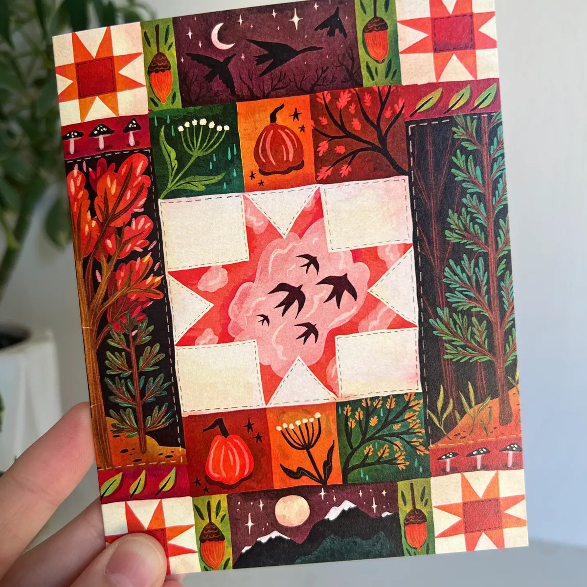 Cottagecore fall quilt greeting card featuring a pumpkins, autumn trees, foliage and birds. Perfect for the autumn season. All greeting cards are hand illustrated by me!
Printed on premium heavyweight matte cardstock, this A2 card is blank inside—ready for your handwritten notes.
Includes a kraft envelope