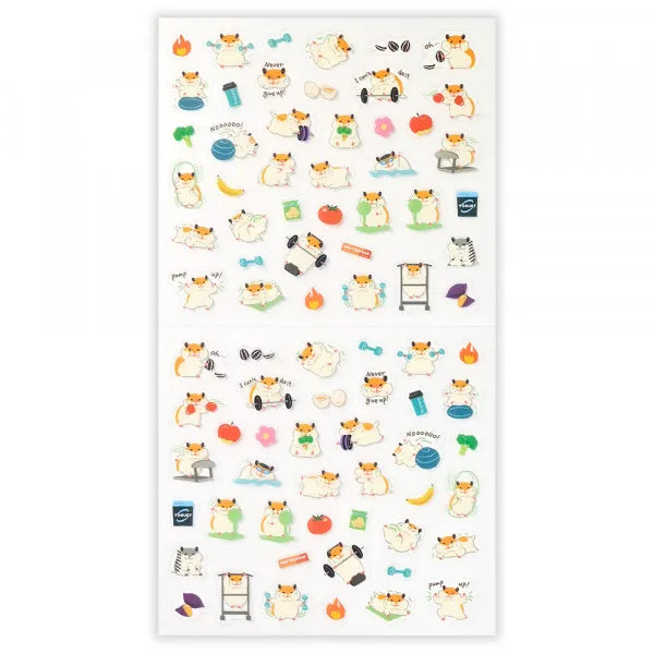 This sticker has a translucent and matte texture that blends in with the notebook.
It can be separated with perforations and carried as much as necessary.
I drew Hamnosuke of a hamster who works muscle training, running, swimming, etc.
Recommended for those who want to exercise hard.
1 Sheet included
165× 90mm
Transparent seal