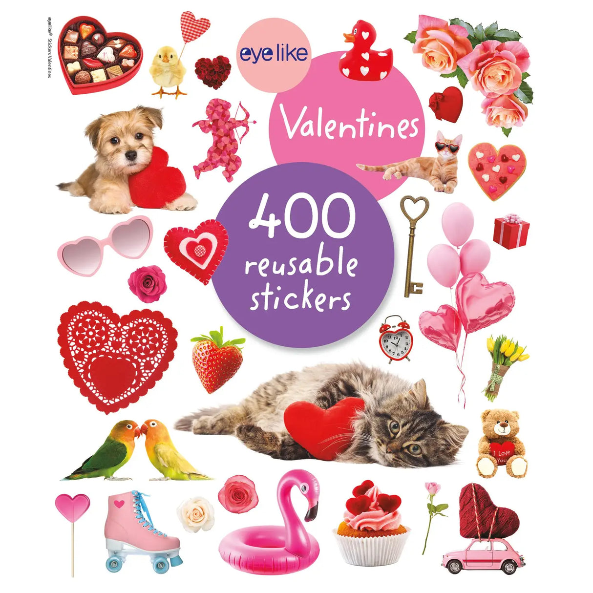 Over 400 irresistible, reusable, and collectible stickers to mix, match, and trade!
Stuffed with over 400 cute and bright hearts, kisses, and Valentine themed designs, kids can decorate valentines day cards, embellish notebooks, and stick on windows to their hearts desire! These peel-and-place stickers are perfect for creating your own work of art anytime, anywhere, and are designed to be stuck on, peeled off, and stuck on again without tearing or losing their stick. The front and back inside covers are gl