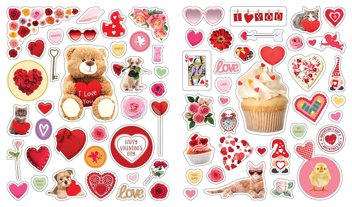 Over 400 irresistible, reusable, and collectible stickers to mix, match, and trade!
Stuffed with over 400 cute and bright hearts, kisses, and Valentine themed designs, kids can decorate valentines day cards, embellish notebooks, and stick on windows to their hearts desire! These peel-and-place stickers are perfect for creating your own work of art anytime, anywhere, and are designed to be stuck on, peeled off, and stuck on again without tearing or losing their stick. The front and back inside covers are gl