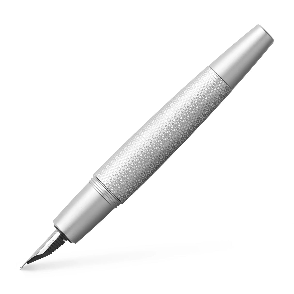 e-motion Pure Silver writing instruments captivate with their dynamic silhouette. With its reduced look and cool feel, e-motion Pure Silver proves its potential to become a timeless classic. Barrel made of chrome-plated metal in matte silver with elaborate guilloche engraving.
The cap is chrome-plated matte metal with a spring-loaded metal clip. It fastens on and off by a quick twist. With the conical shape of the barrel, the cap is not designed to post.
High-quality stainless steel nib.
Equipped