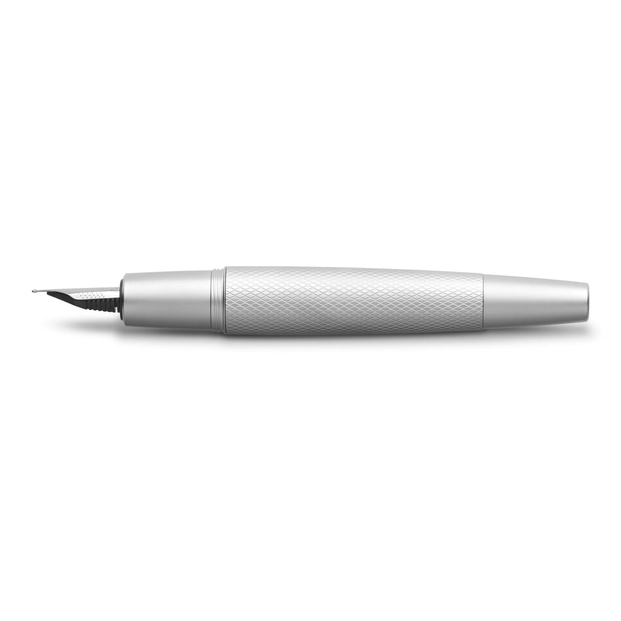 e-motion Pure Silver writing instruments captivate with their dynamic silhouette. With its reduced look and cool feel, e-motion Pure Silver proves its potential to become a timeless classic. Barrel made of chrome-plated metal in matte silver with elaborate guilloche engraving.
The cap is chrome-plated matte metal with a spring-loaded metal clip. It fastens on and off by a quick twist. With the conical shape of the barrel, the cap is not designed to post.
High-quality stainless steel nib.
Equipped