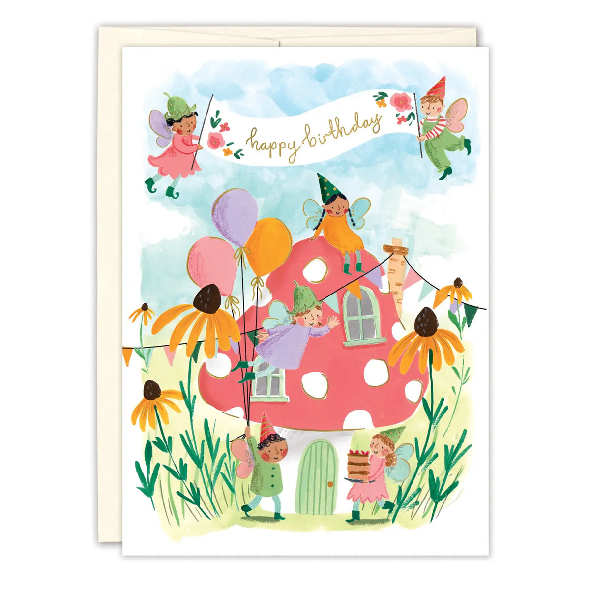 Fairies Birthday Card
Inside verse: Have a magical day!
• Gold foil details
• Illustrated by Emma Block
• Size: A6, 4.5" x 6.25"
• Paired with a kraft envelope
• Printed in the USA on beautiful FSC-certified 10% post-consumer waste recycled paper.
• Eco-friendly, 100% recyclable
• Plastic-free packaging
About The Artist: Emma Block is an artist and illustrator working from her garden studio in East Anglia, England. She is inspired by nature, travel, and little moments of joy in everyday life.