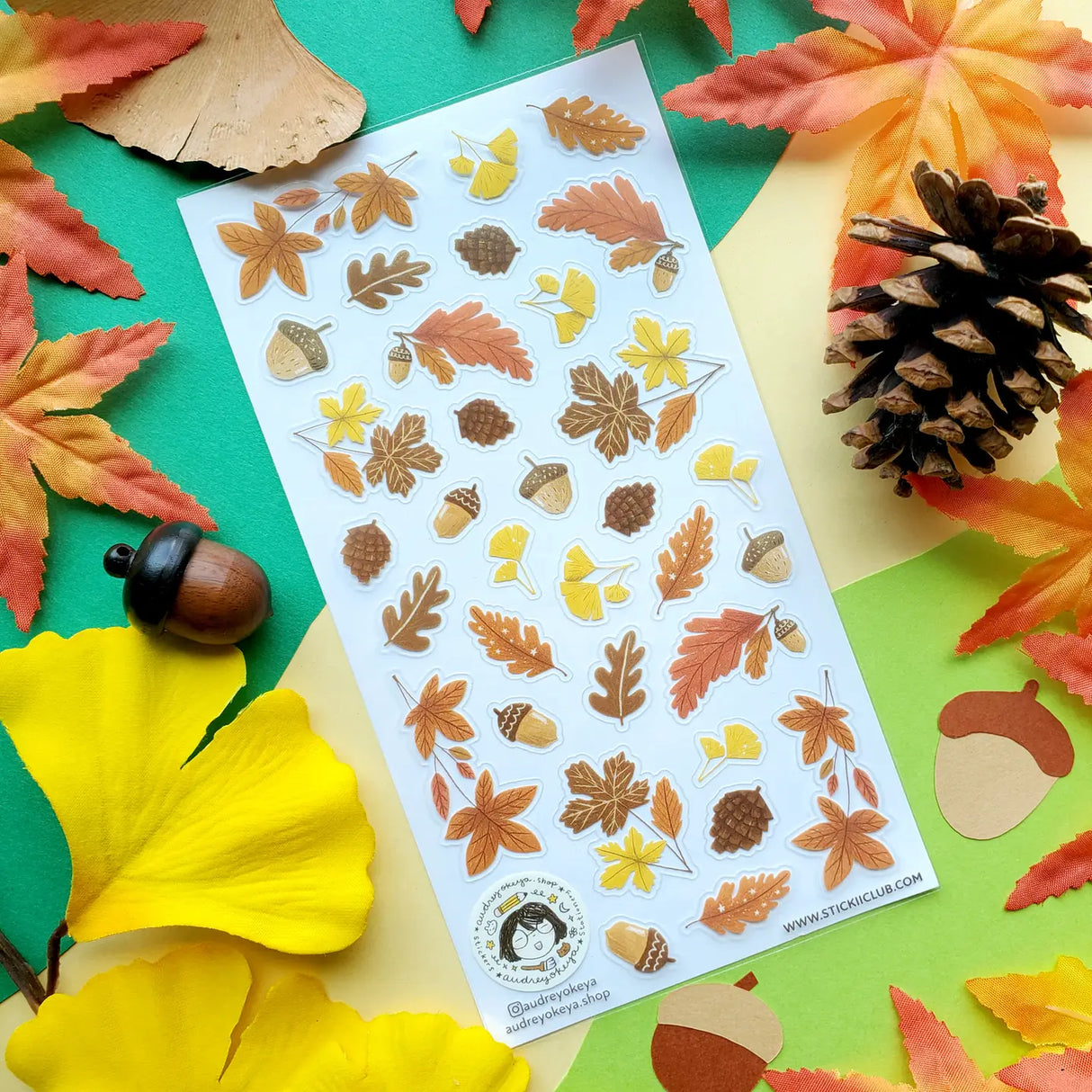 STICKII - Fall Flora Sticker Sheet
🍁 Time to spice things up with this cool set of autumn goodies by @audreyokeya that'll instantly add awesome fall vibes wherever you place them. Featuring leaves, acorns, and pine cones in the classic autumnal color palette, we're feeling the festive spirit already! Art by: @audreyokeya
Top Coating: None
Adhesive Layer: Paper
Backing Layer: Paper
6.69" x 3.54".
Weight - 0.03lbs.
1 sheet included 