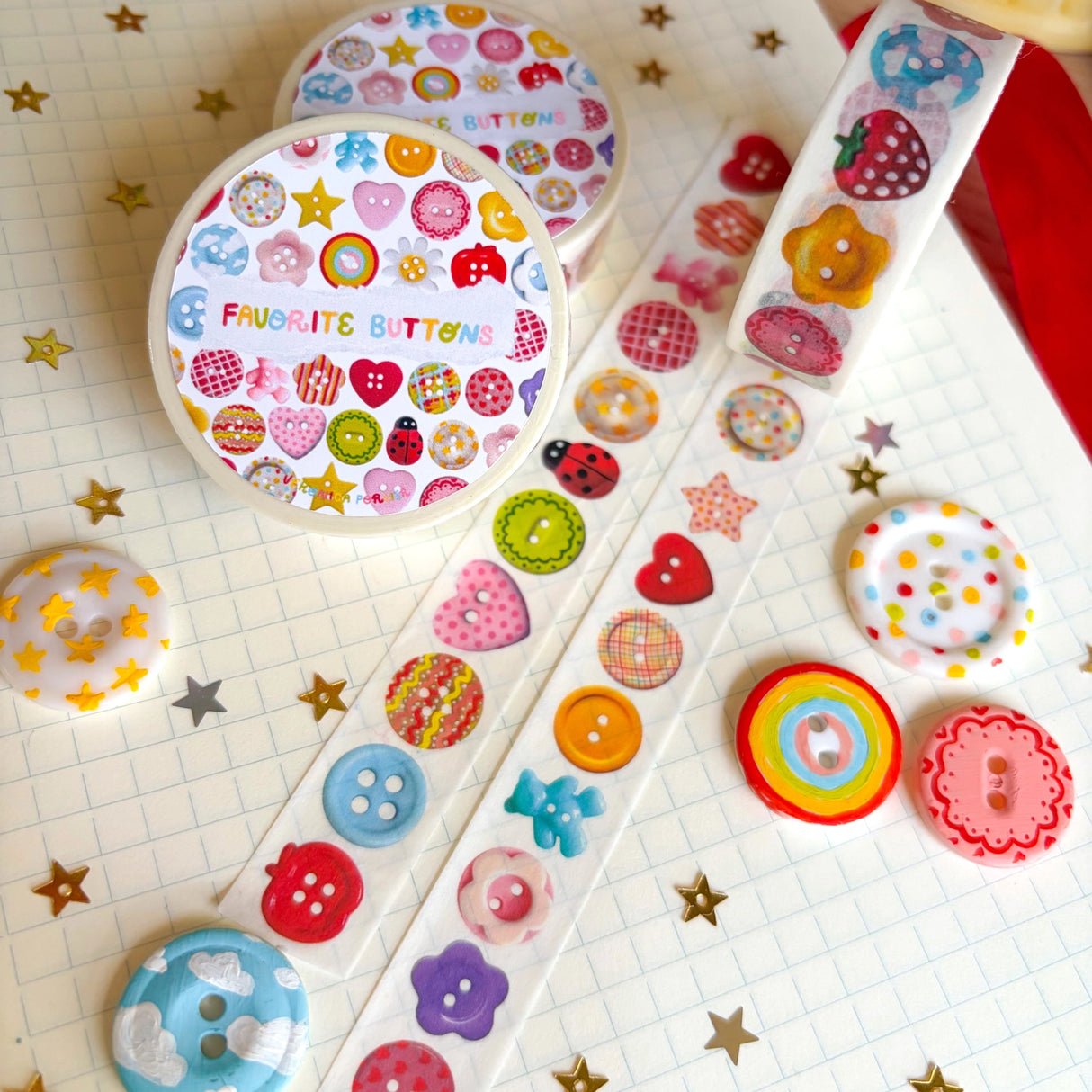 Add some color to your journal and crafts with this cute button themed washi tape designed by Veronica! This washi tape includes buttons hand-painted by Veronica and from her personal collection!
Perfect for crafts, journaling, snail mail, and more.
Size: 15mm x 10m