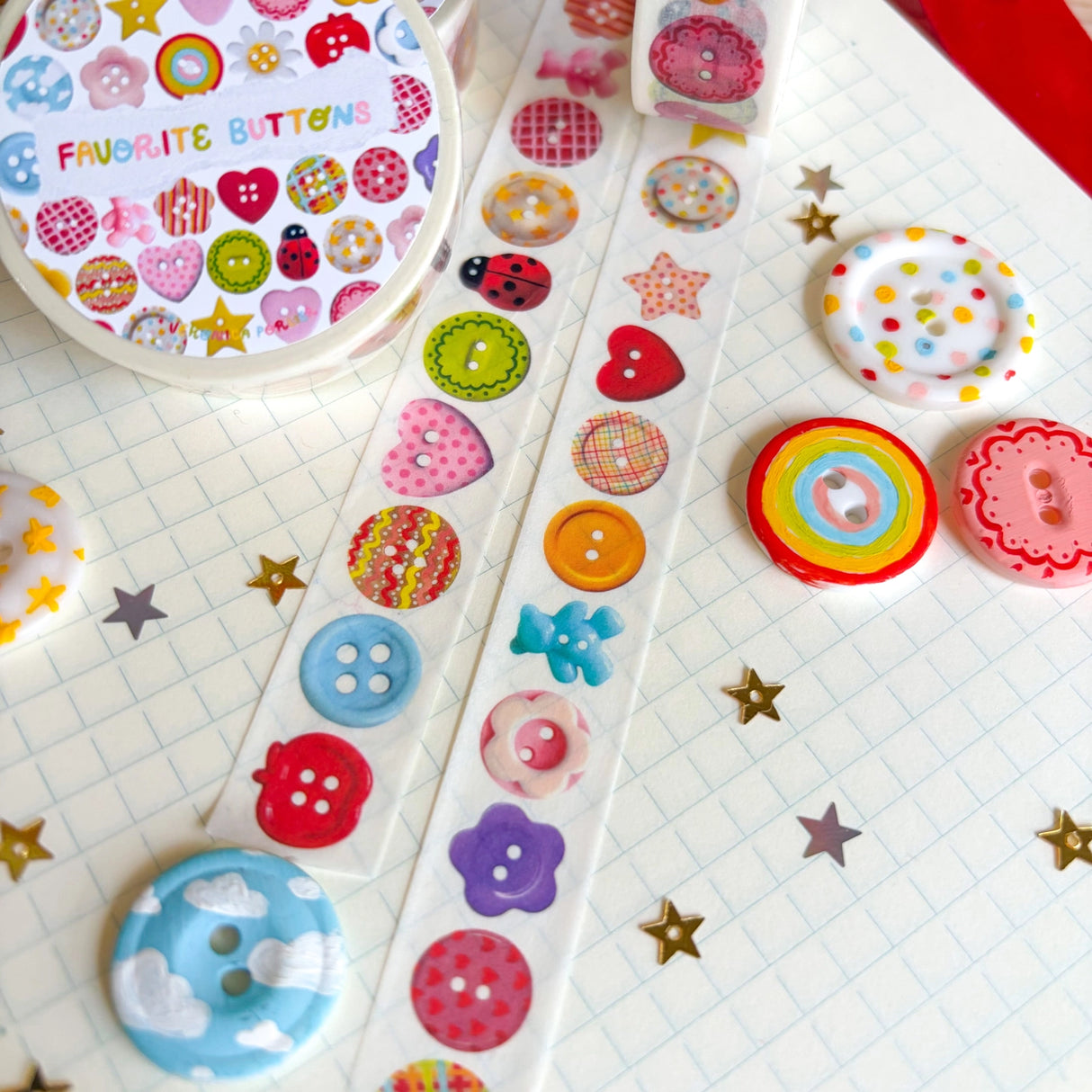 Add some color to your journal and crafts with this cute button themed washi tape designed by Veronica! This washi tape includes buttons hand-painted by Veronica and from her personal collection!
Perfect for crafts, journaling, snail mail, and more.
Size: 15mm x 10m