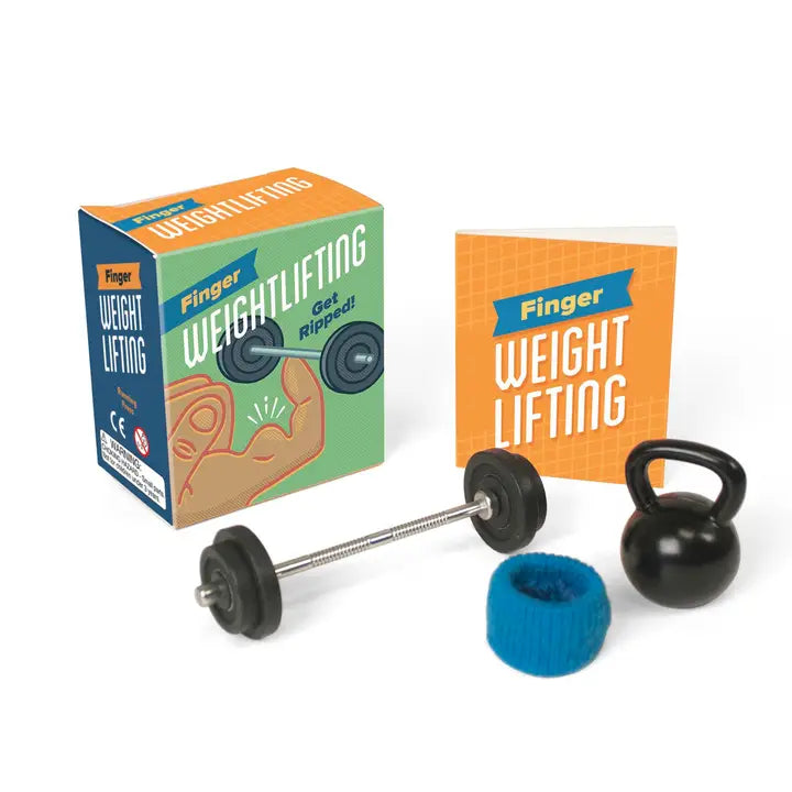 This one-of-a-kind miniature weightlifting set lets you pump some iron--with your fingers!
Kit includes:
1 metal barbell
4 rubber weight plates
1 metal kettlebell weight
1 resistance band
1 finger sweatband
32-page mini book