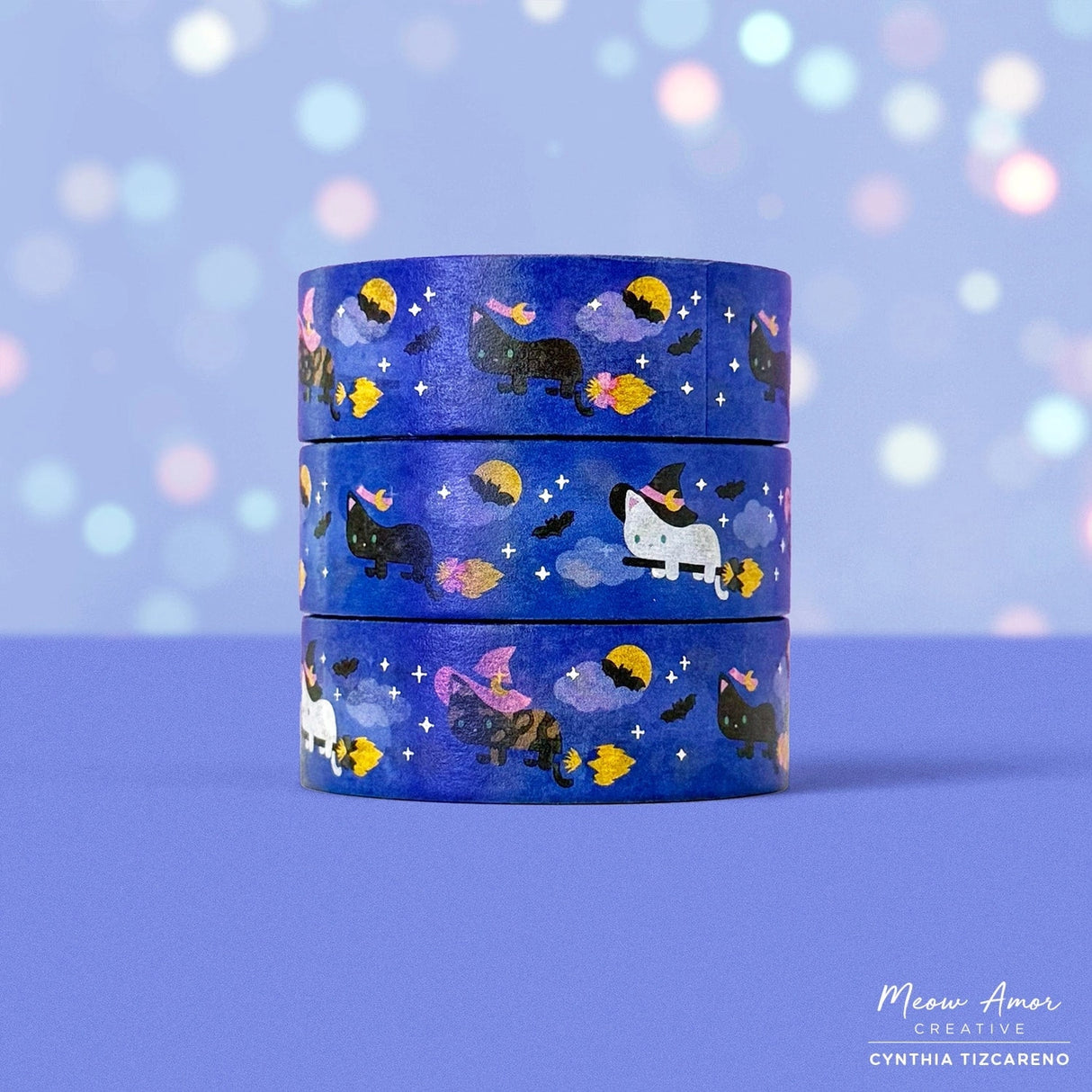 Bring a magical touch to your crafts with the Flying Witch Cats Holo Foil Washi Tape. This charming tape features cute witch cats soaring on broomsticks, enhanced with shimmering holographic foil that catches the light beautifully. Ideal for adding whimsy to journals, gift wrap, and creative projects with a playful, enchanting vibe.
Holo Foil Details
One 10-meter long roll of washi tape
5mm wide, 32mm
paper core 