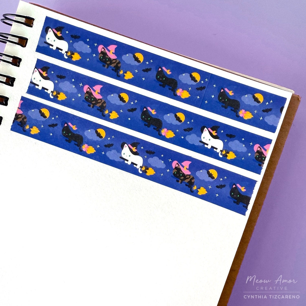 Bring a magical touch to your crafts with the Flying Witch Cats Holo Foil Washi Tape. This charming tape features cute witch cats soaring on broomsticks, enhanced with shimmering holographic foil that catches the light beautifully. Ideal for adding whimsy to journals, gift wrap, and creative projects with a playful, enchanting vibe.
Holo Foil Details
One 10-meter long roll of washi tape
5mm wide, 32mm
paper core 