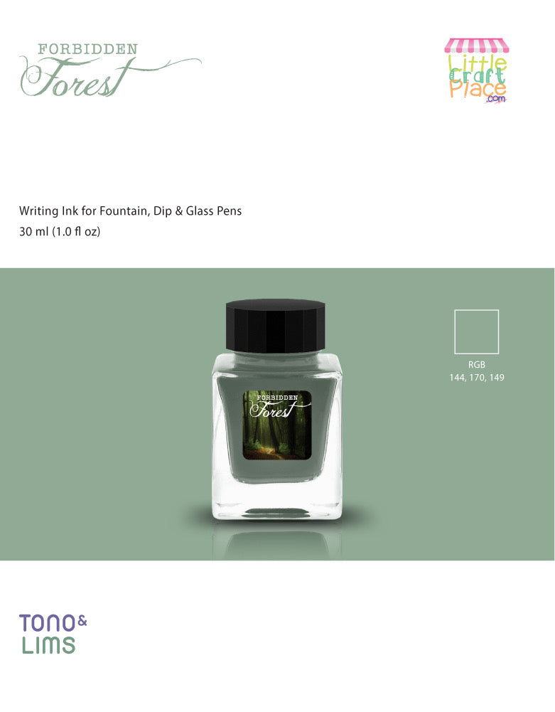 Forbidden Forest is a moody blue-green ink layered with earthy bronze undertones and mossy shading. Reminiscent of ancient woods cloaked in shadow and mystery, it reveals enchanting color variations that feel both wild and magical.