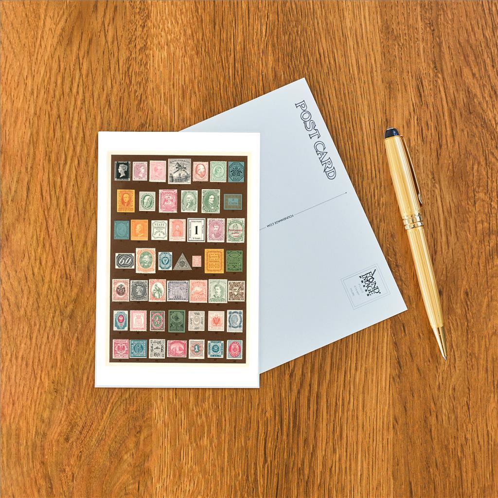 Elevate your inventory with this classic 3.5" x 5.5" postcard featuring an image from our Literature & Letters collection titled Stamps of the World.