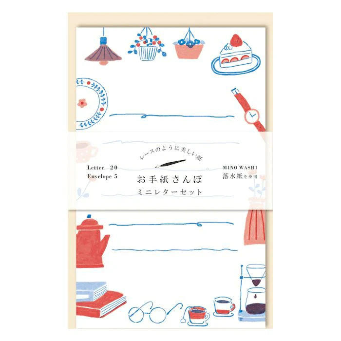 This series of miniture letters allows you to enjoy writing letters with ease, just like taking a walk!
Ochimizu-gami" is used, which has a water-watermarked pattern created by dropping water during the papermaking process. The beautiful transparency of Mino Washi Ochimizu-gami and its clean design make it suitable for a wide range of people regardless of age.
This Set Includes: