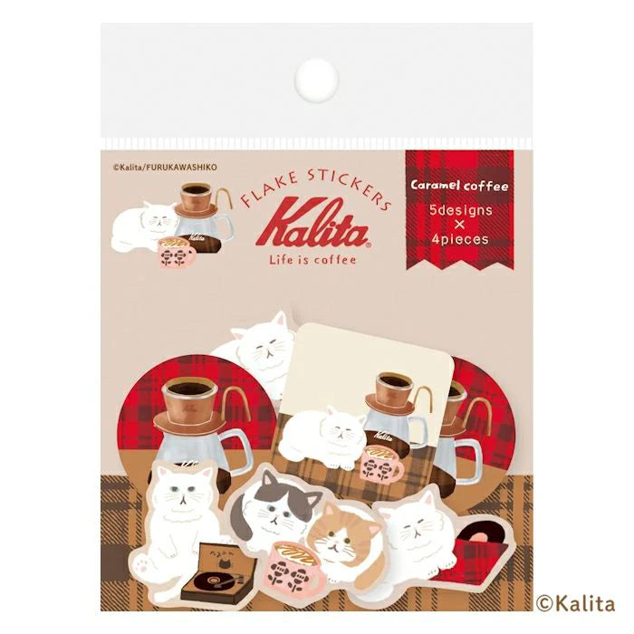 Inspired by the corporate philosophy of Kalita, a leading coffee equipment manufacturer— "A slightly better time, a perfectly timed moment"—
we’ve created the second edition of our original stationery to enjoy with your coffee.
These washi flake stickers are perfect for sealing letters or gifts, and for decorating planners. Each sticker has a slit on the back, making them easy to peel. The design features adorable combinations of Kalita’s coffee equipment and cute cats— a charming touch for any occas